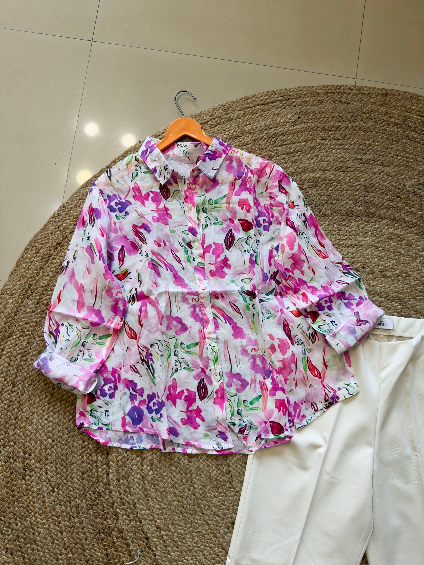 PRINT LINEN SHIRT WITH BELL BOTTOM TROUSER PANT SET