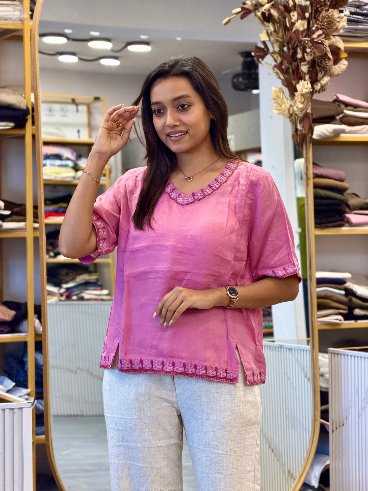 PINK LINEN EMBROIDERY TOP WITH LINEN STRAIGHT PANT SET