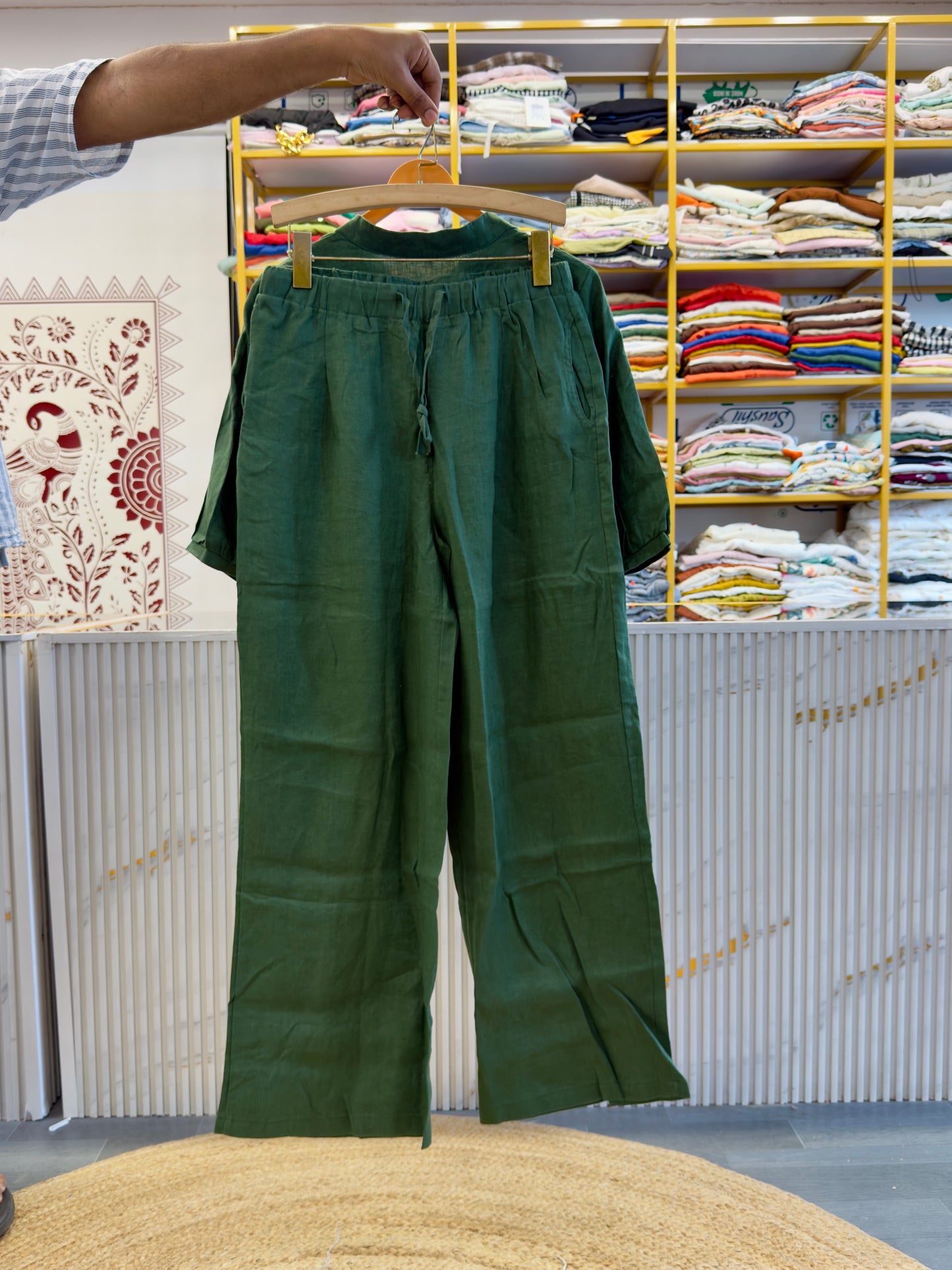 DARK GREEN CROCHET POCKET LINEN TOP WITH LINEN COMFORTABLE PANT SET