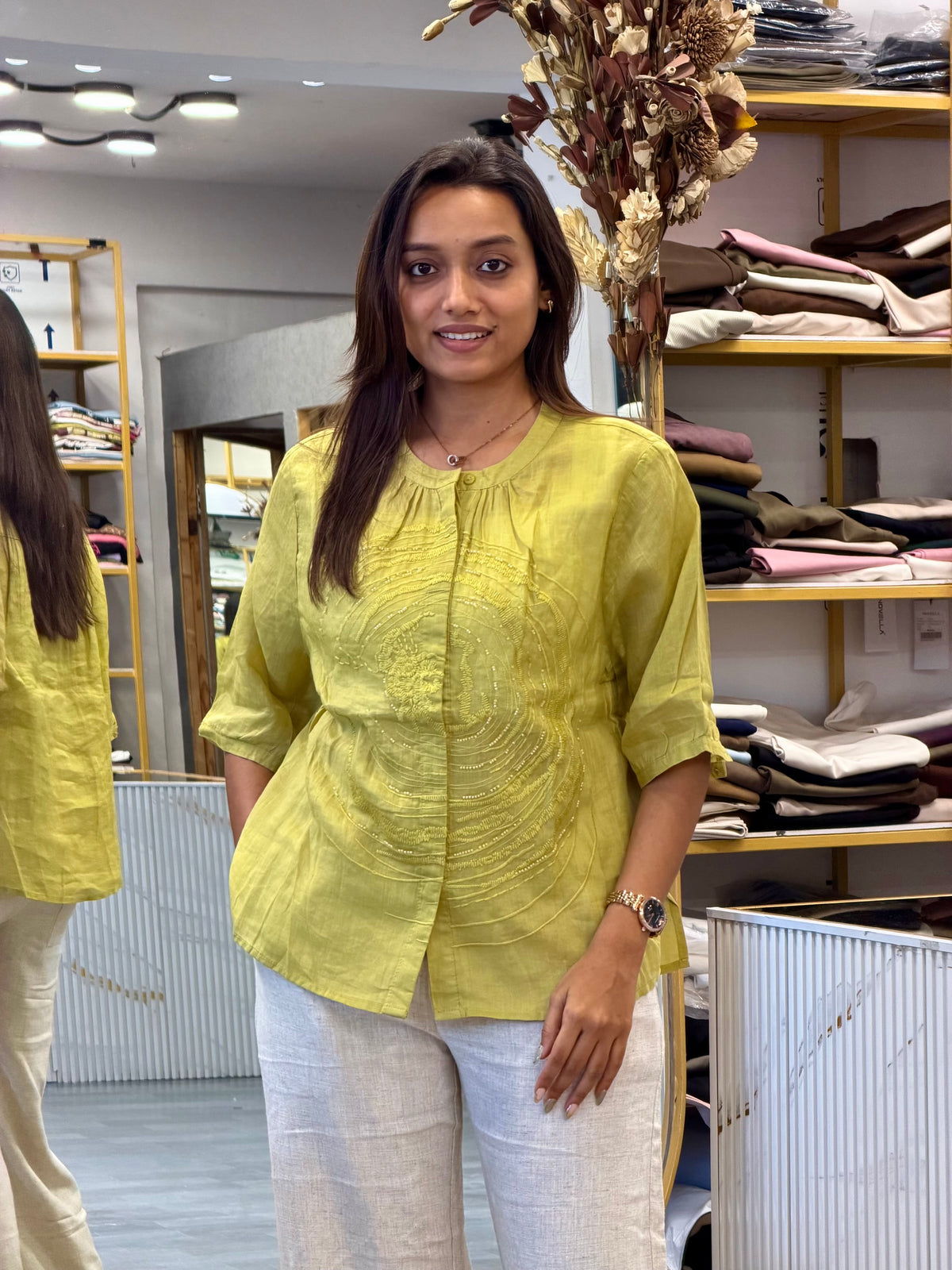 PISTA LINEN EMBROIDERY TOP WITH LINEN STRAIGHT PANT SET
