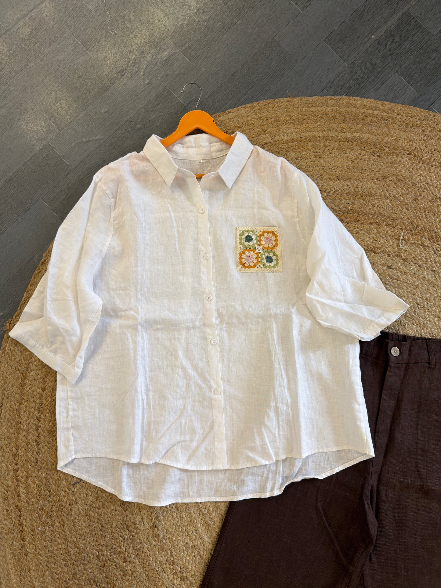 WHITE CROCHET POCKET LINEN SHIRT WITH LINEN STRAIGHT PANT SET