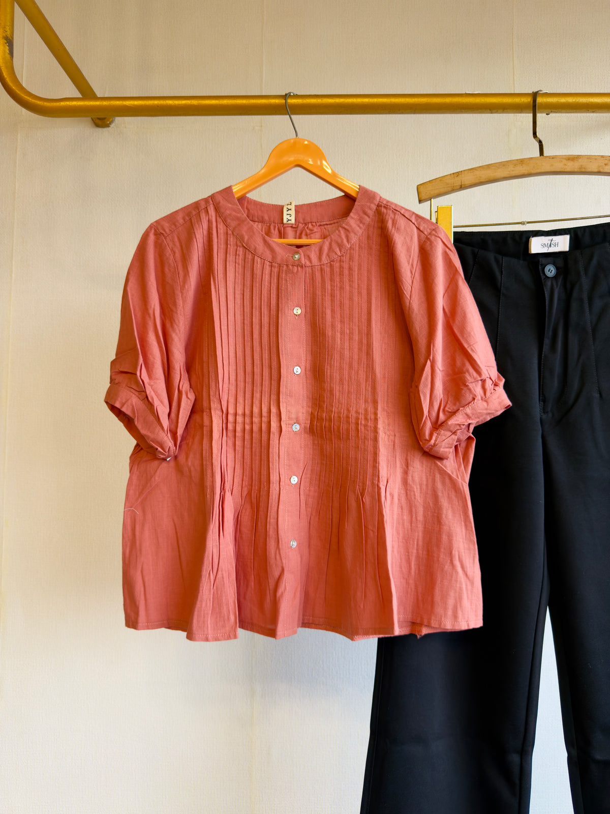 LIGHT PEACH SHADE PLEATED COTTON TOP WITH STRAIGHT FIT PANT SET