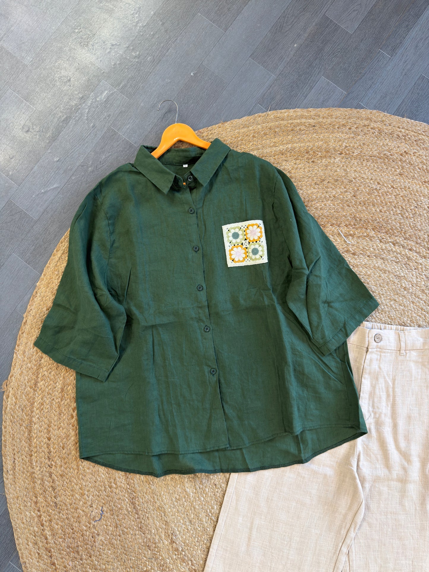 DARK GREEN CROCHET POCKET LINEN SHIRT WITH LINEN STRAIGHT PANT SET