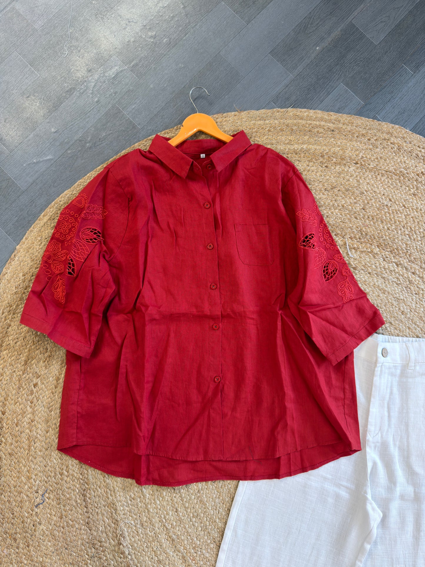 RED CUTWORK EMBROIDERY LINEN SHIRT WITH LINEN STRAIGHT PANT SET