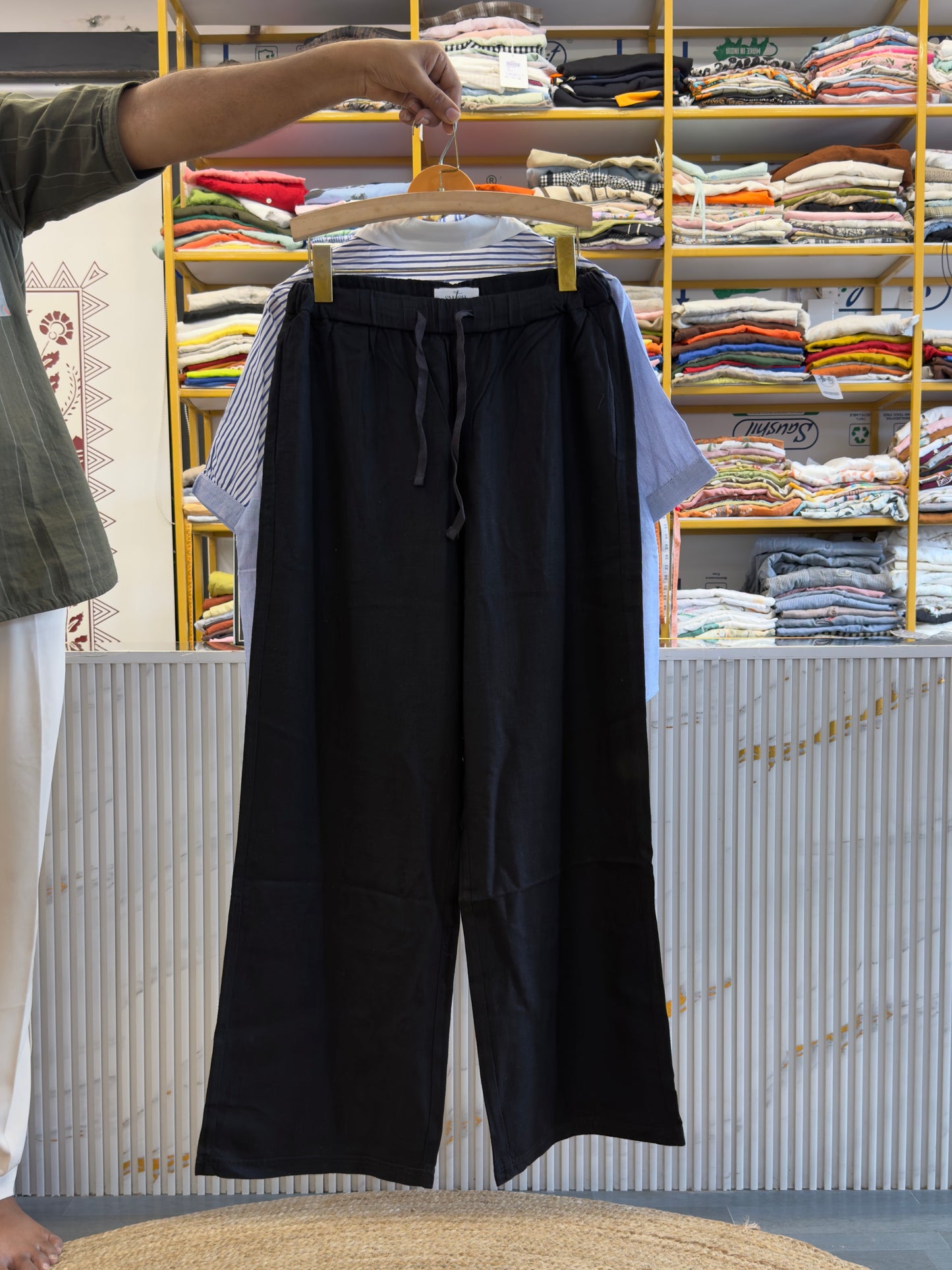 STRIPS EMBROIDERY COTTON SHIRT WITH LINEN PANT SET