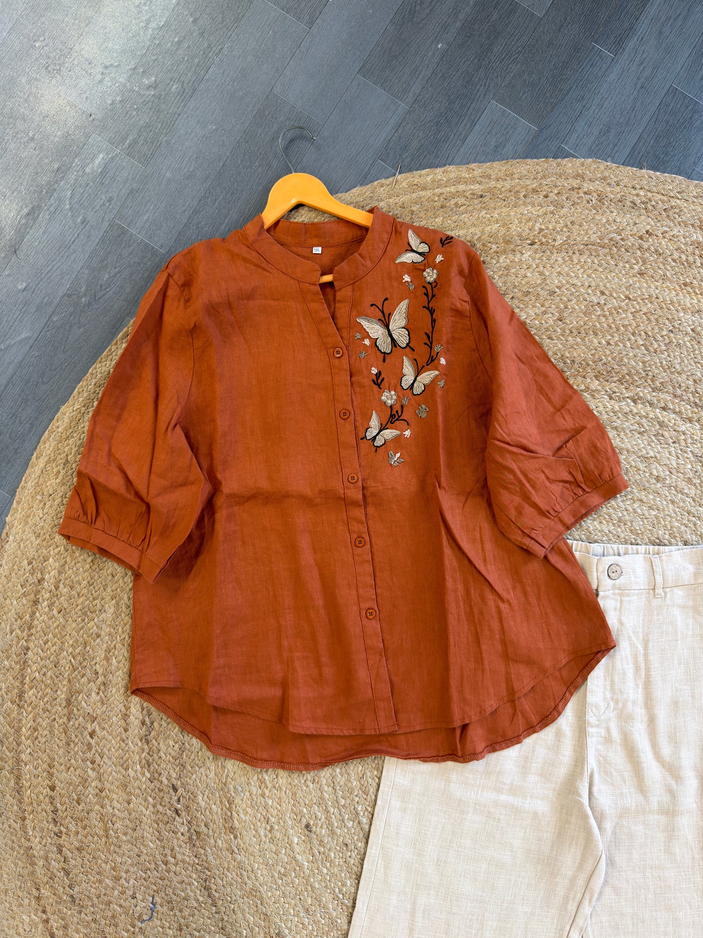 RUST BUTTERFLY EMBROIDERY LINEN TOP WITH LINEN STRAIGHT PANT SET
