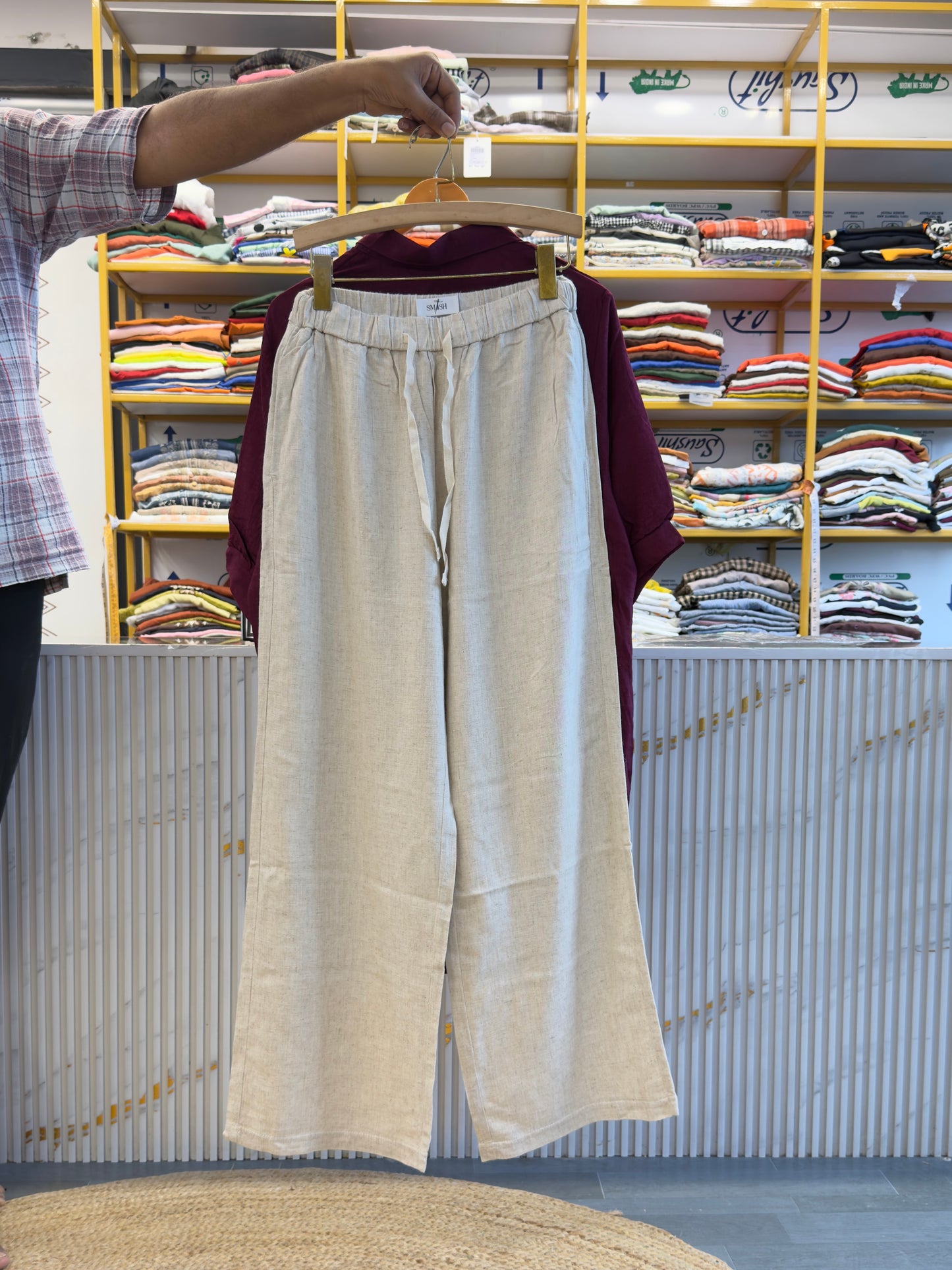 WINE FLOWER EMBROIDERY A LINE LONG TUNIC TOP WITH LINEN PANT SET
