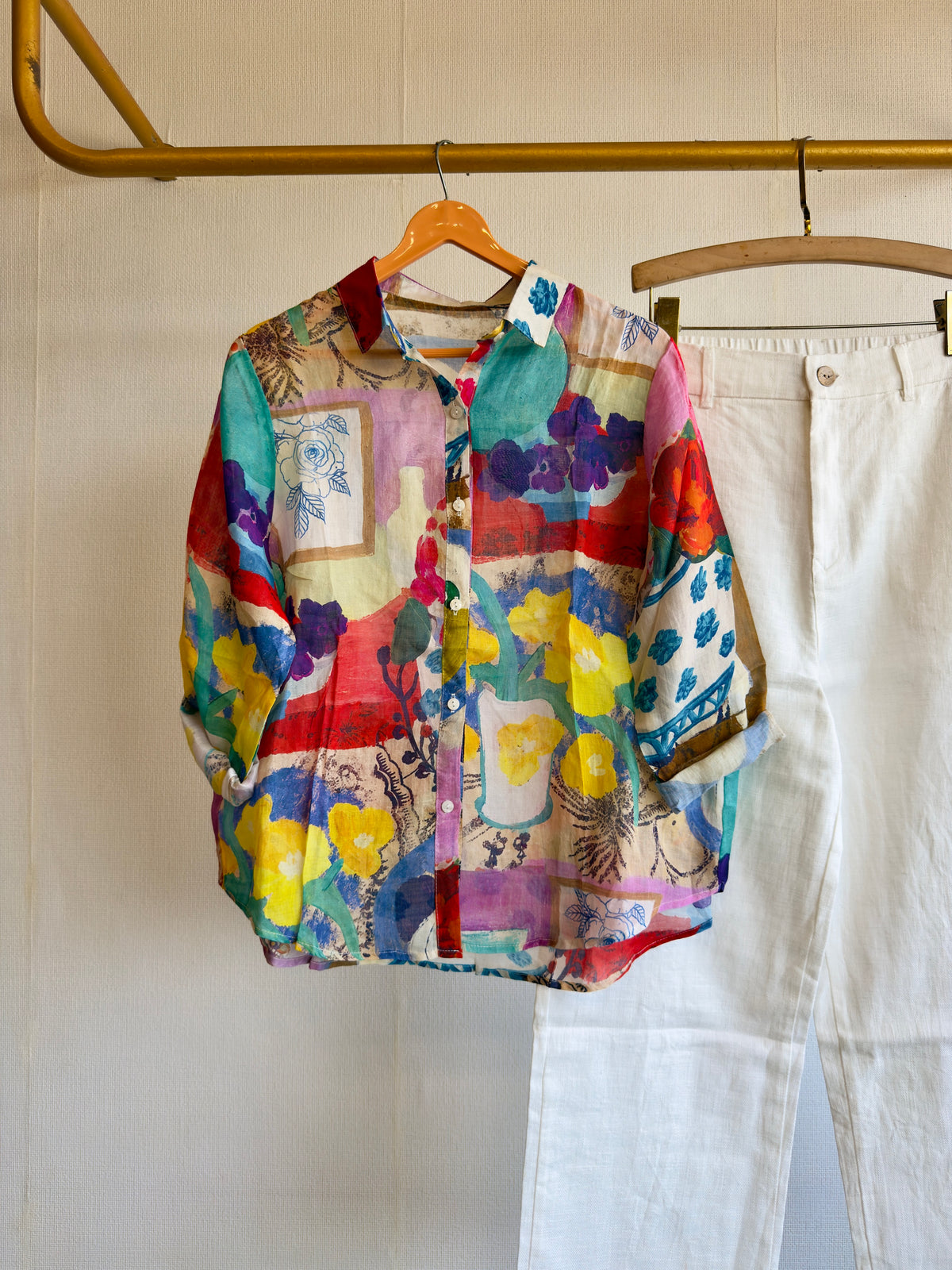 LINEN PRINT SHIRT WITH LINEN STRAIGHT PANT SET