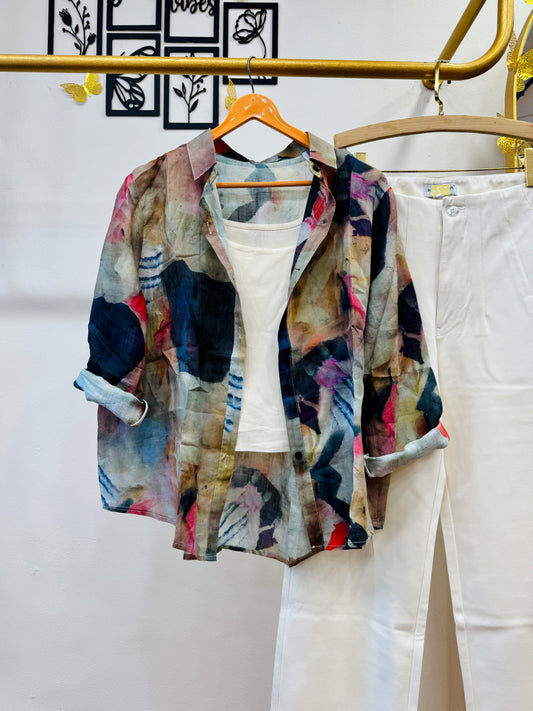 PRINTED LINEN SHIRT SPAGHETTI WITH STRAIGHT TROUSER PANT SET