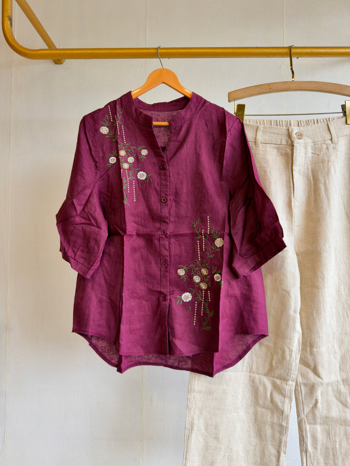 WINE LINEN EMBROIDERY TOP WITH LINEN STRAIGHT PANT SET