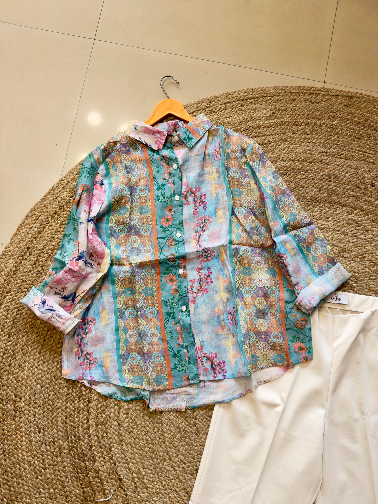 PRINT LINEN SHIRT WITH BELL BOTTOM TROUSER PANT SET