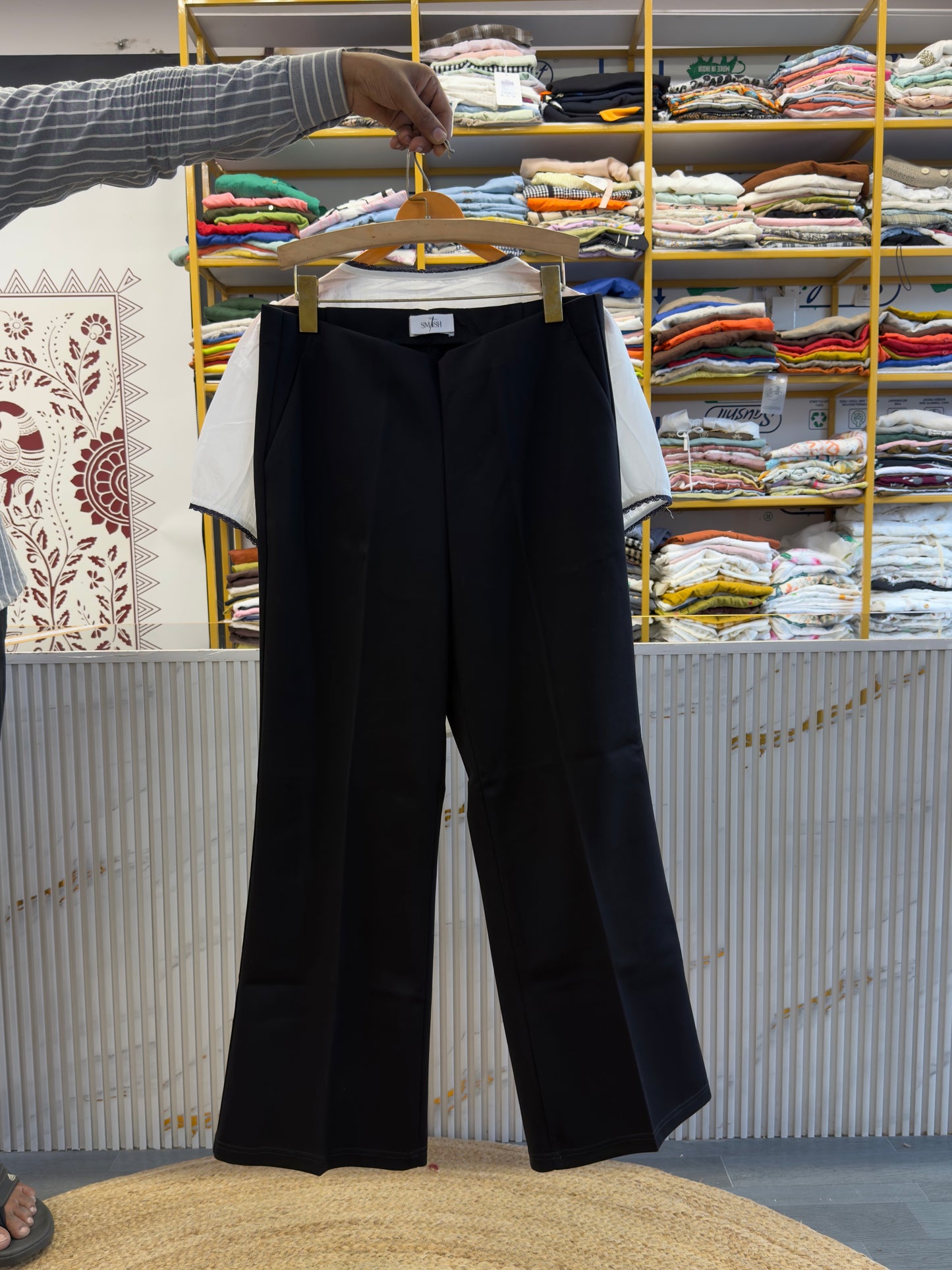 WHITE COTTON EMBROIDERY TOP WITH BELL BOTTOM PANT SET