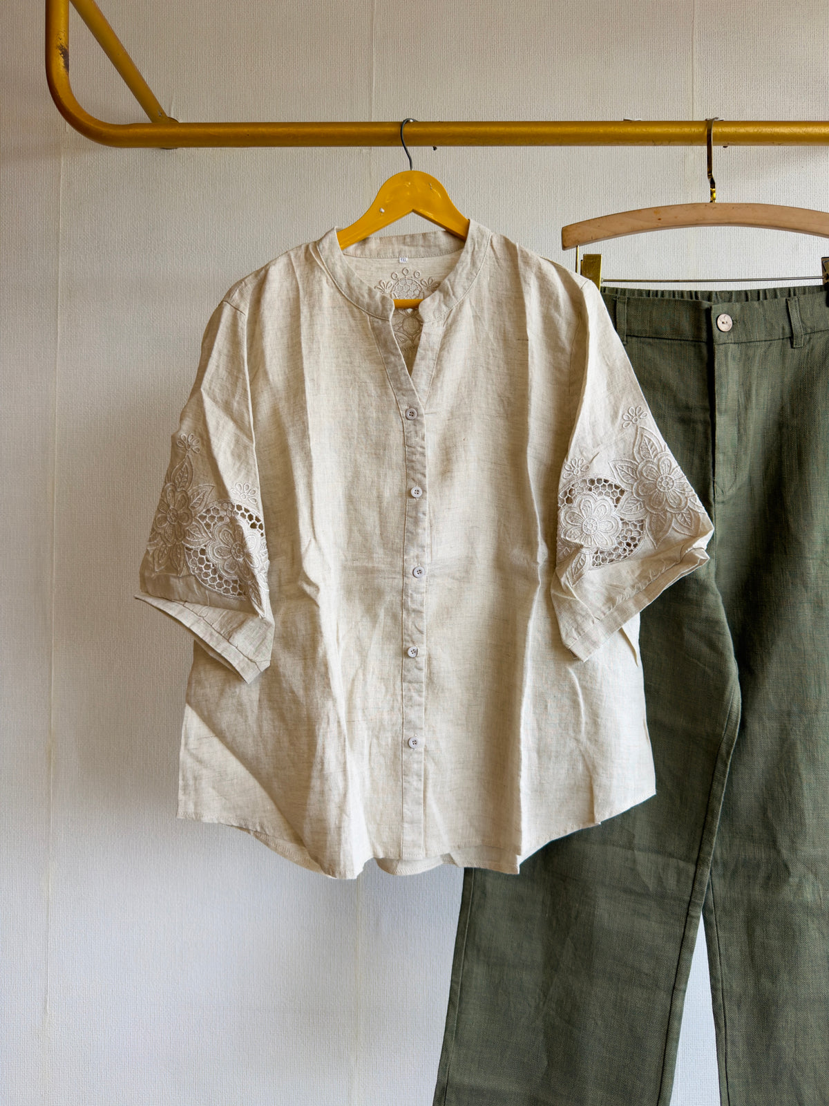 SLEEVE CUTWORK EMBROIDERY LINEN TOP WITH LINEN STRAIGHT PANT SET