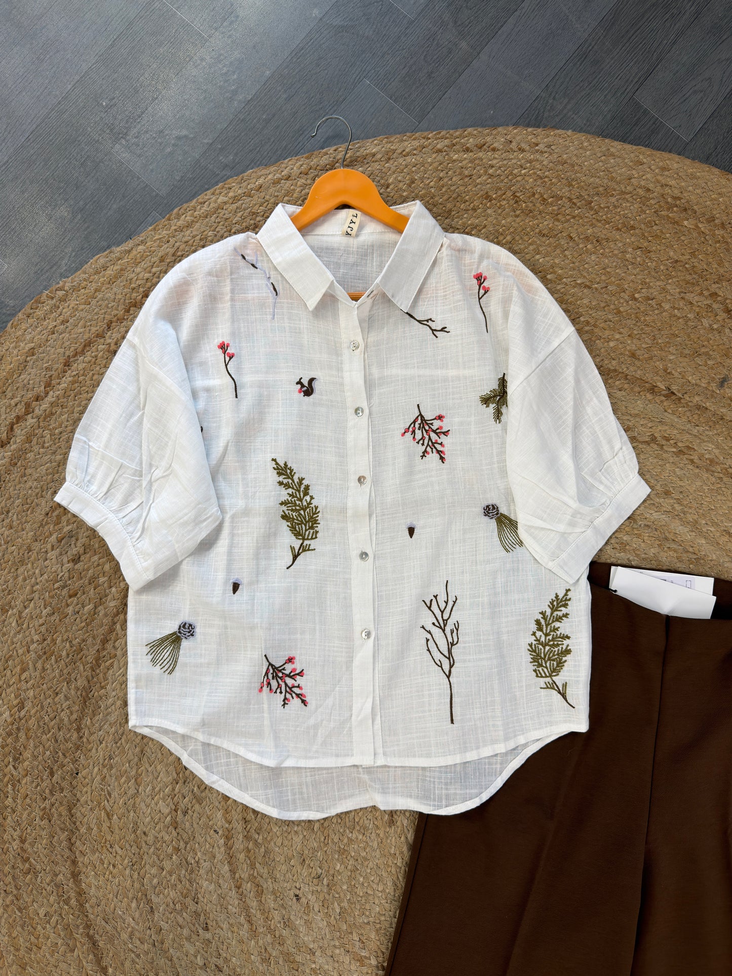 WHITE EMBROIDERY TOP WITH BELL BOTTOM PANT SET