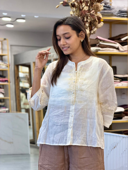 OFF WHITE EMBROIDERY LINEN TOP WITH LINEN PANT SET