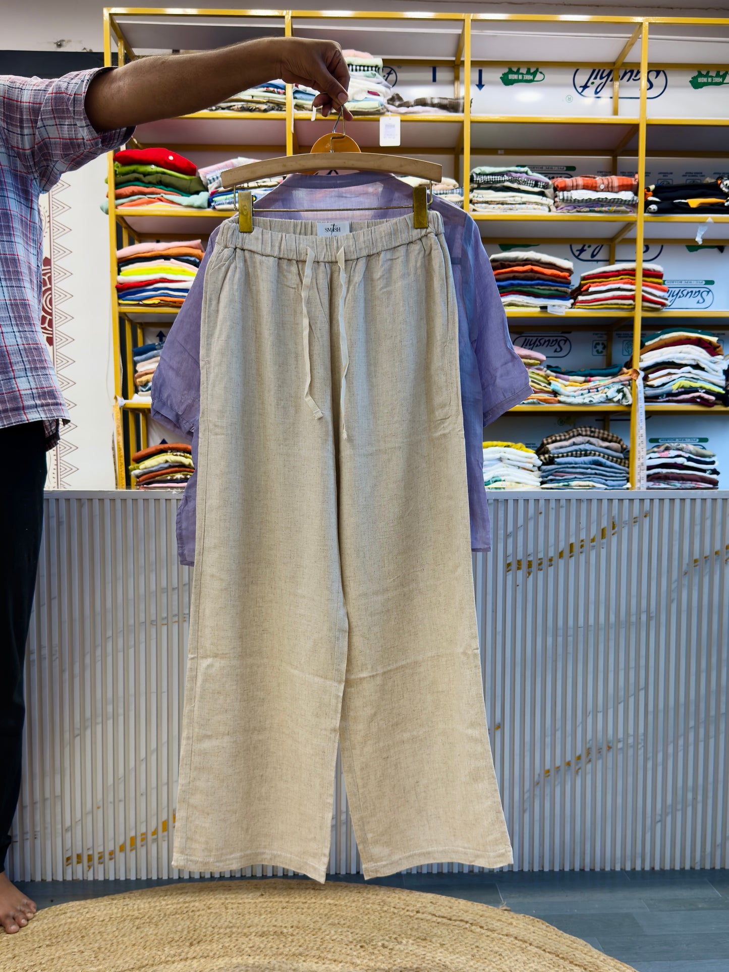 PURPLE LINEN WMBROIDERY TOP WITH LINEN PANT SET