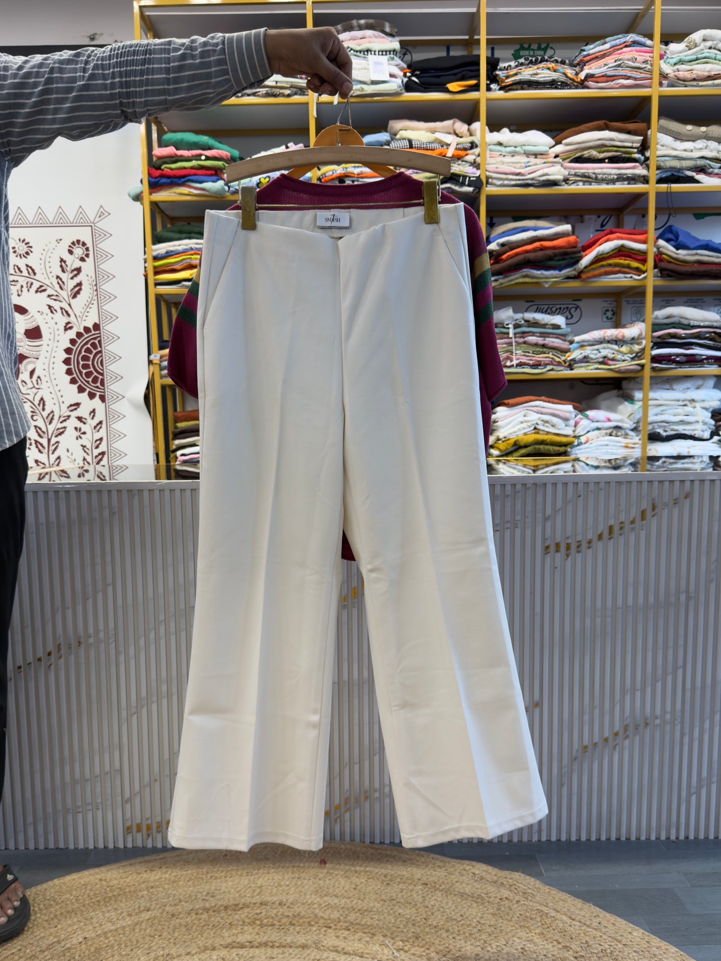 STRIPS SOFT KNITTING HALF SLEEVE TOP WITH BELL BOTTOM PANT SET