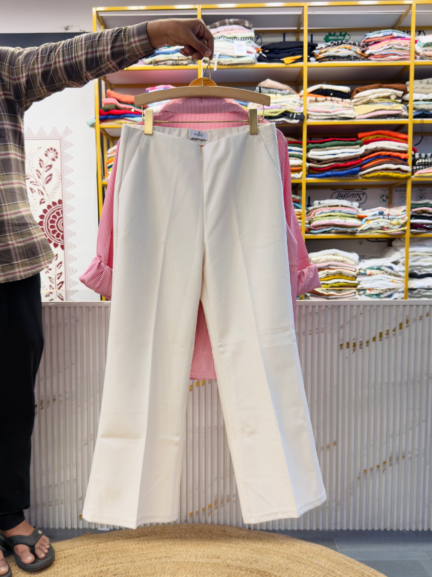 FLOWER EMBROIDERY STRIPS SHIRT WITH BELL BOTTOM PANT SET