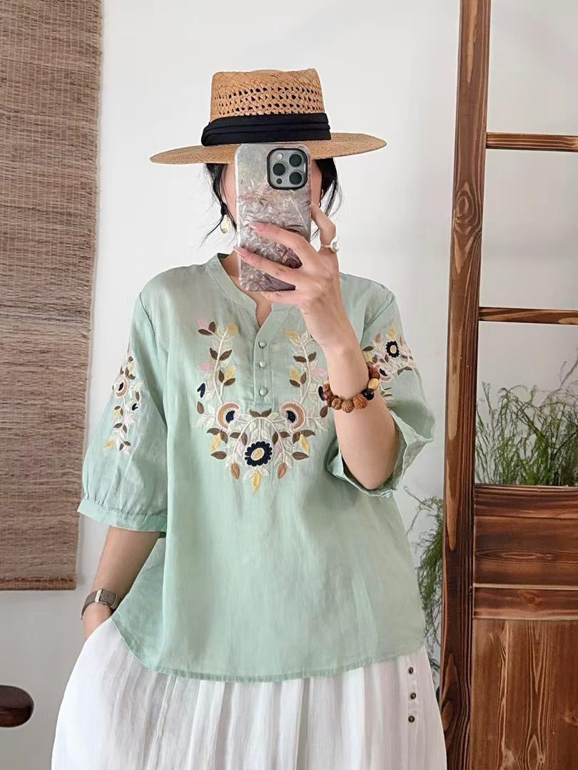 SEA GREEN EMBROIDERY LINEN TOP