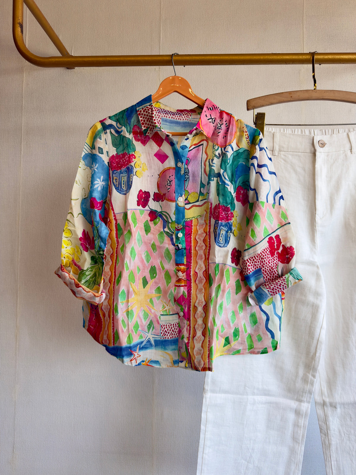 LINEN PRINT SHIRT WITH LINEN STRAIGHT PANT SET