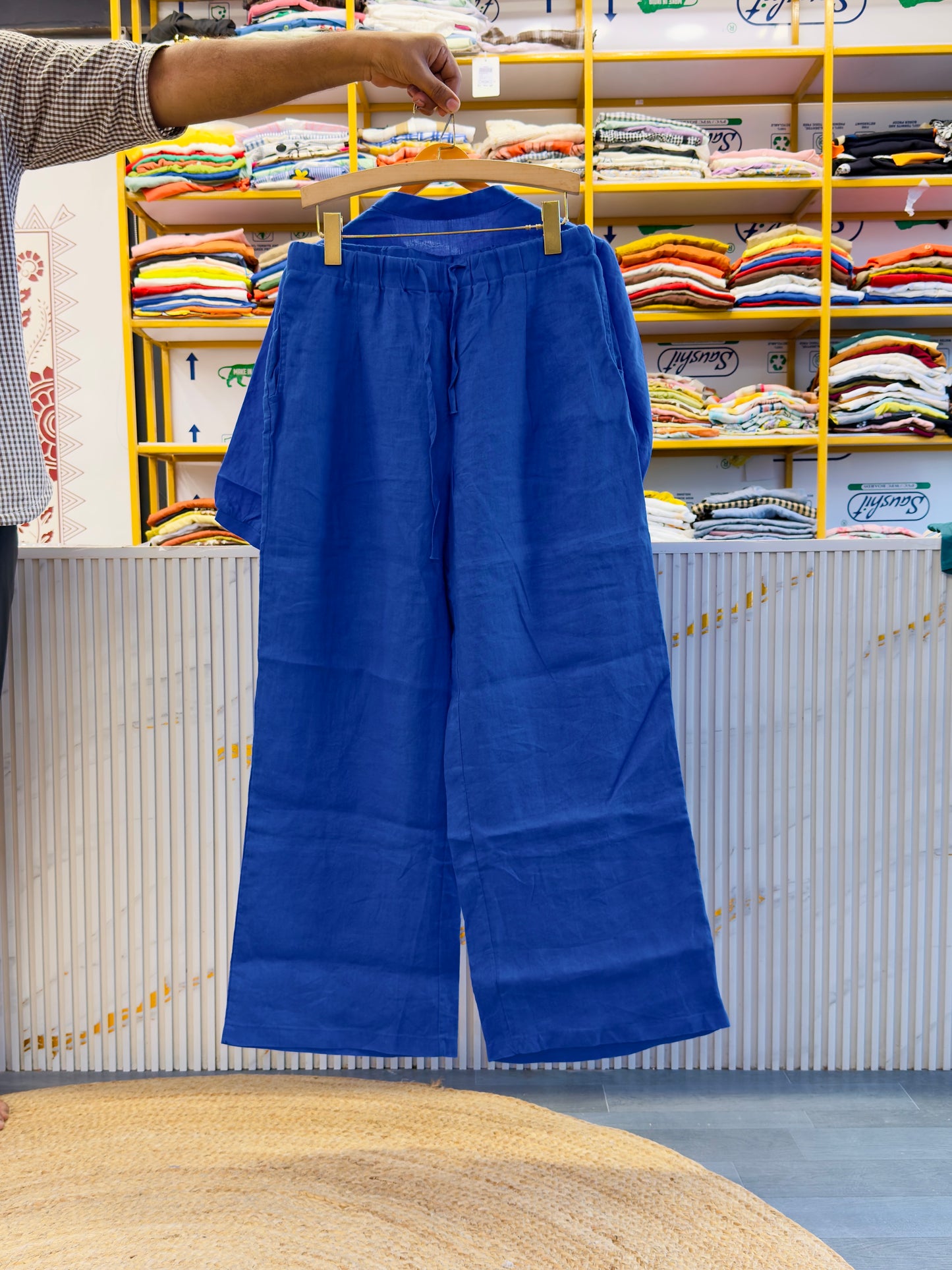 ROYAL BLUE CROCHET POCKET LINEN TOP WITH LINEN COMFORTABLE PANT SET