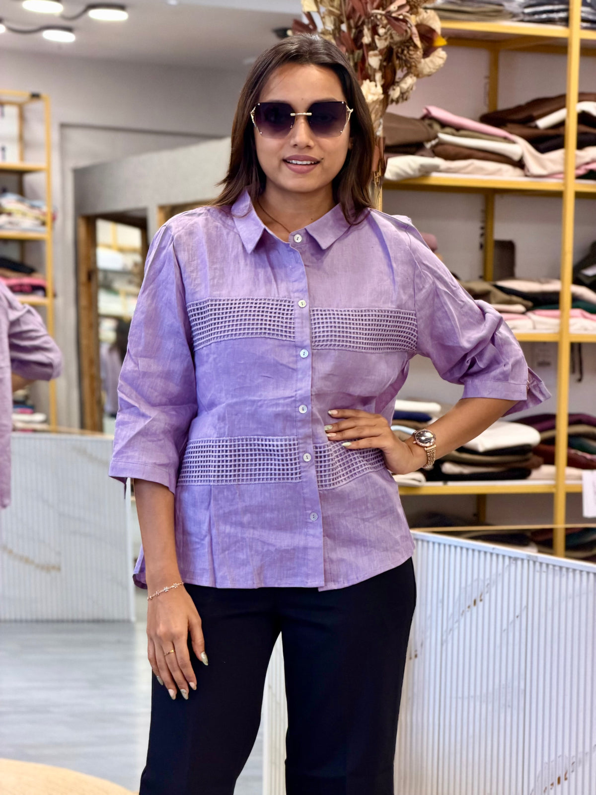 PURPLE LACE LINEN SHIRT WITH BELL BOTTOM PANT SET