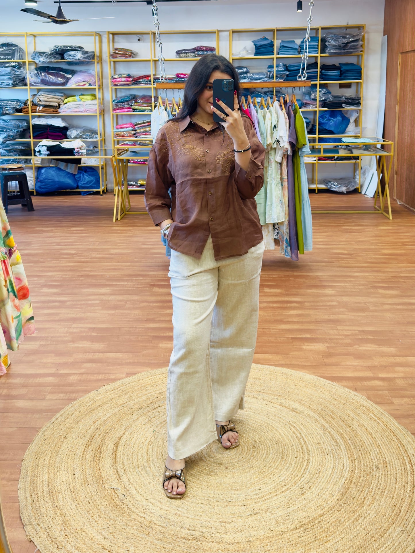 BROWN PREMIUM LINEN EMBROIDERY TOP WITH LINEN PANT SET