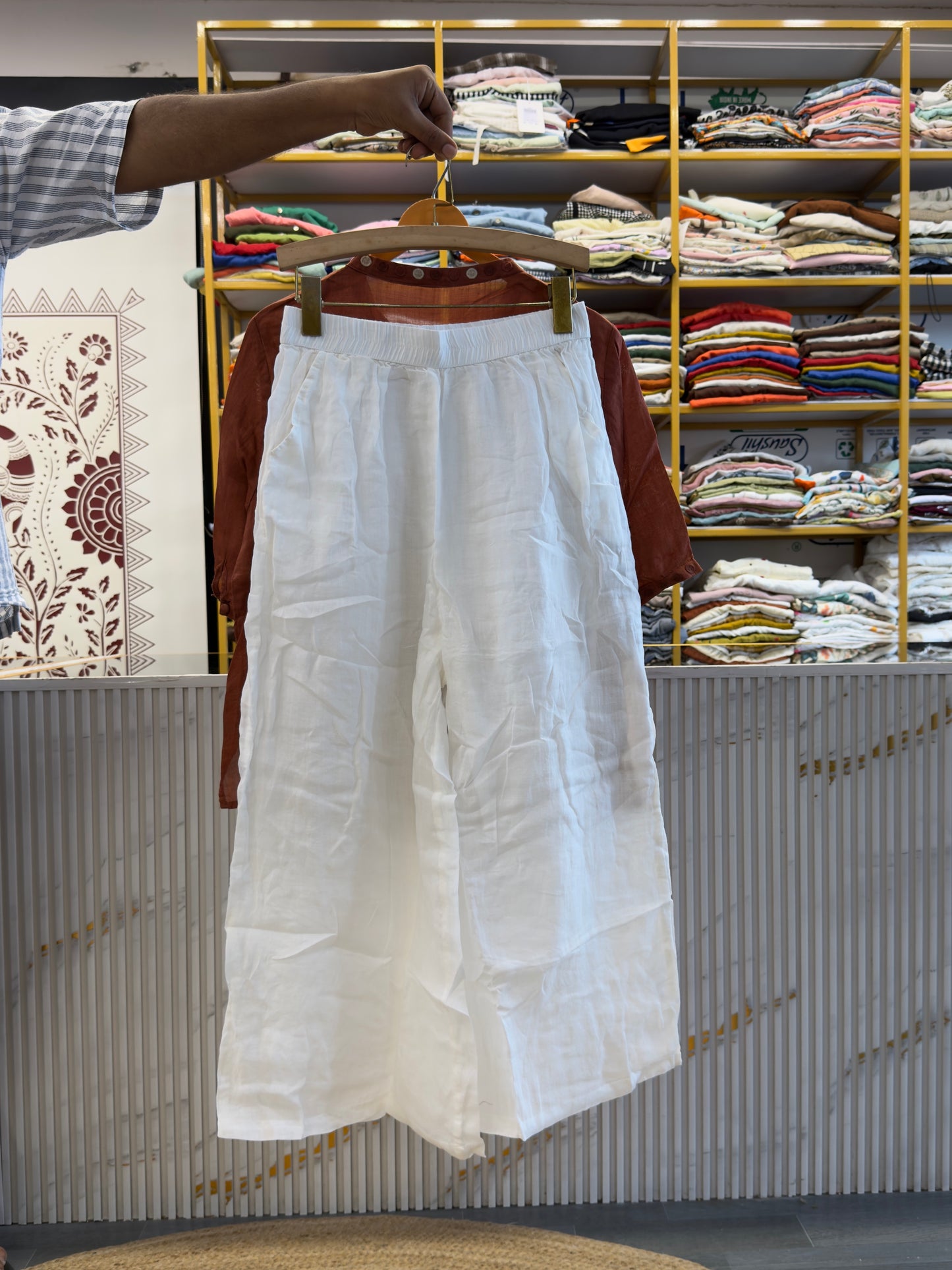 RUST EMBROIDERY LINEN TOP WITH LINEN PANT SET