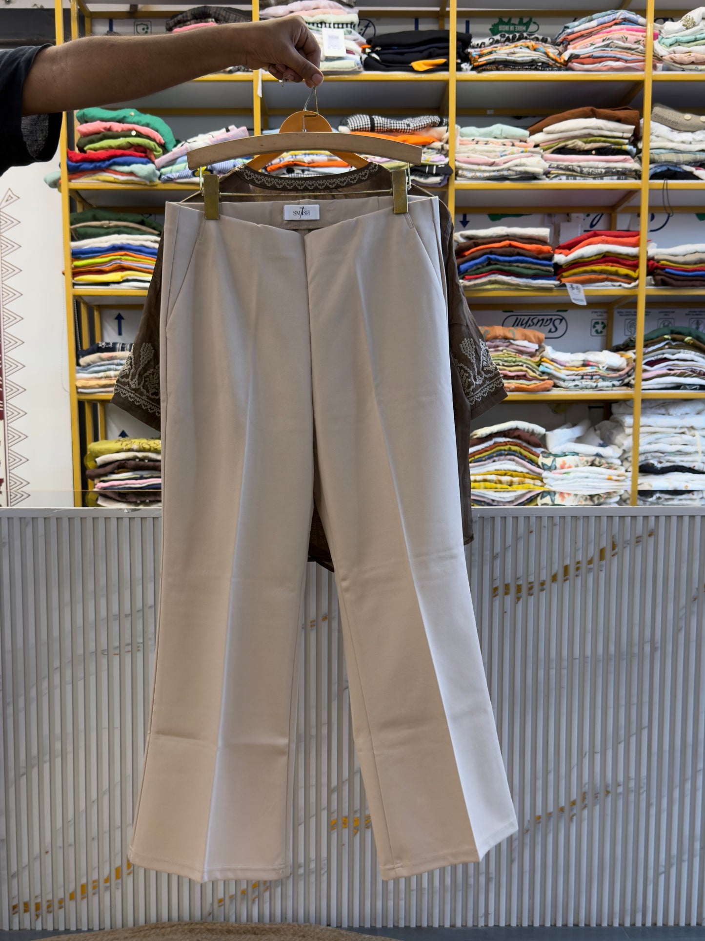BROWN LINEN EMBROIDERY TOP WITH BELL BOTTOM PANT SET