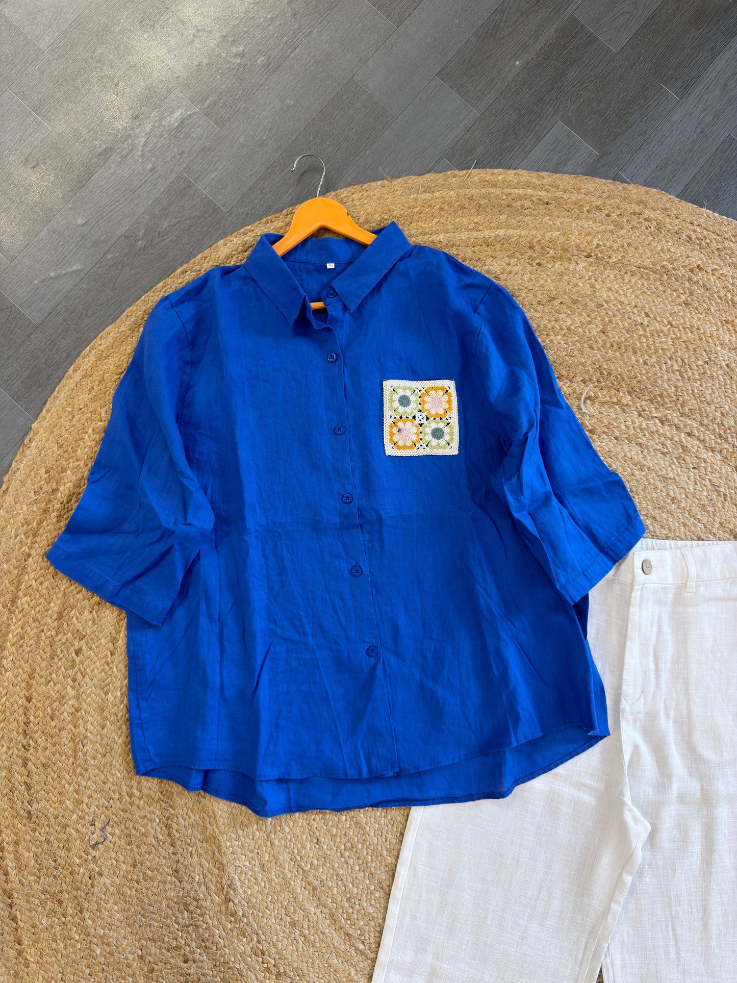 ROYAL BLUE CROCHET POCKET LINEN SHIRT WITH LINEN STRAIGHT PANT SET