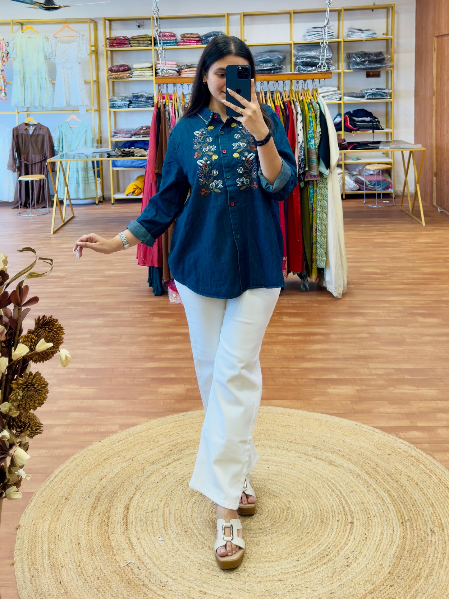 DENIM EMBROIDERY SHIRT STRAIGHT TROUSER PANT SET