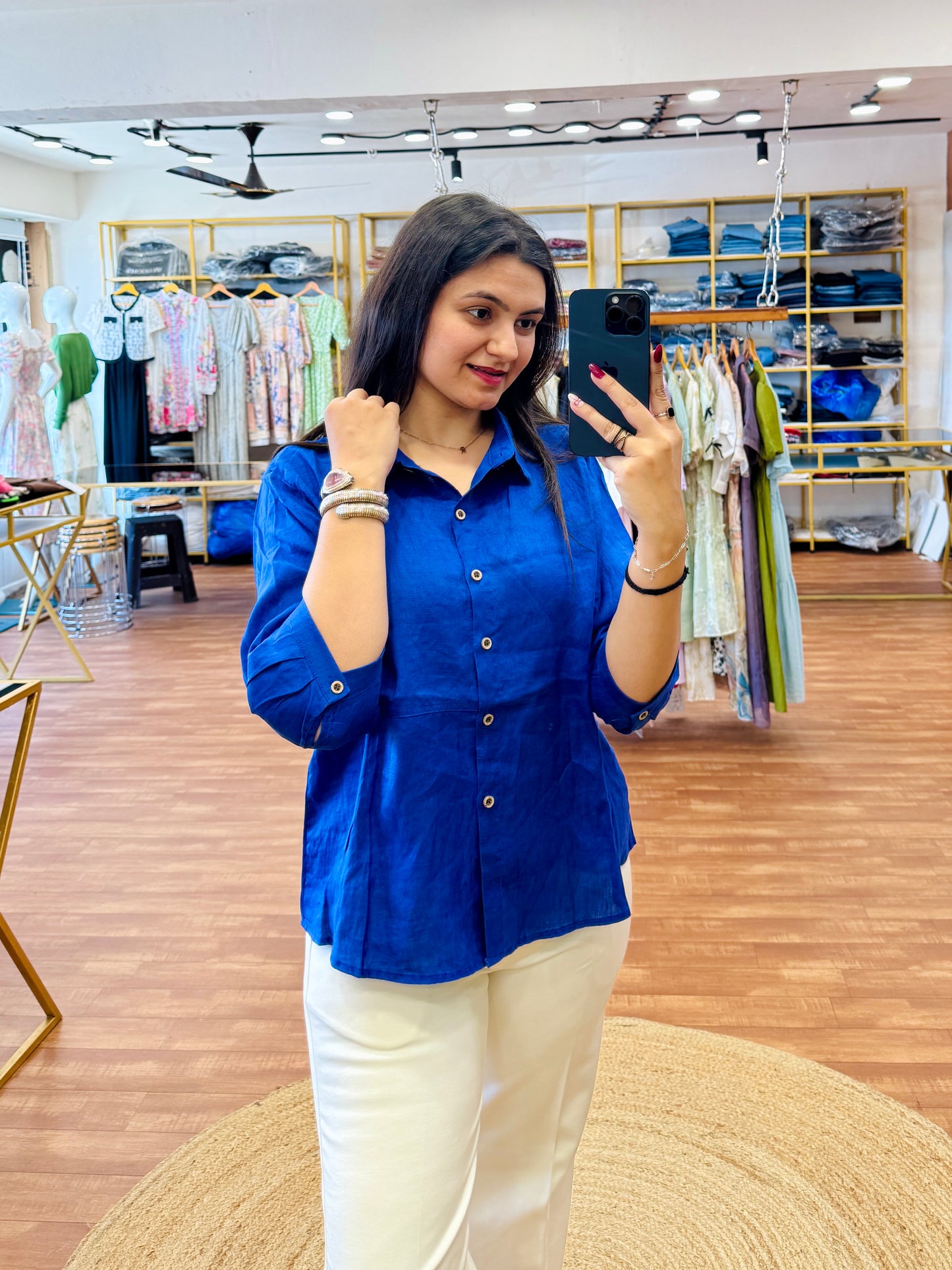 ROYAL BLUE LINEN PLAIN SHIRT WITH BELL BOTTOM PANT SET