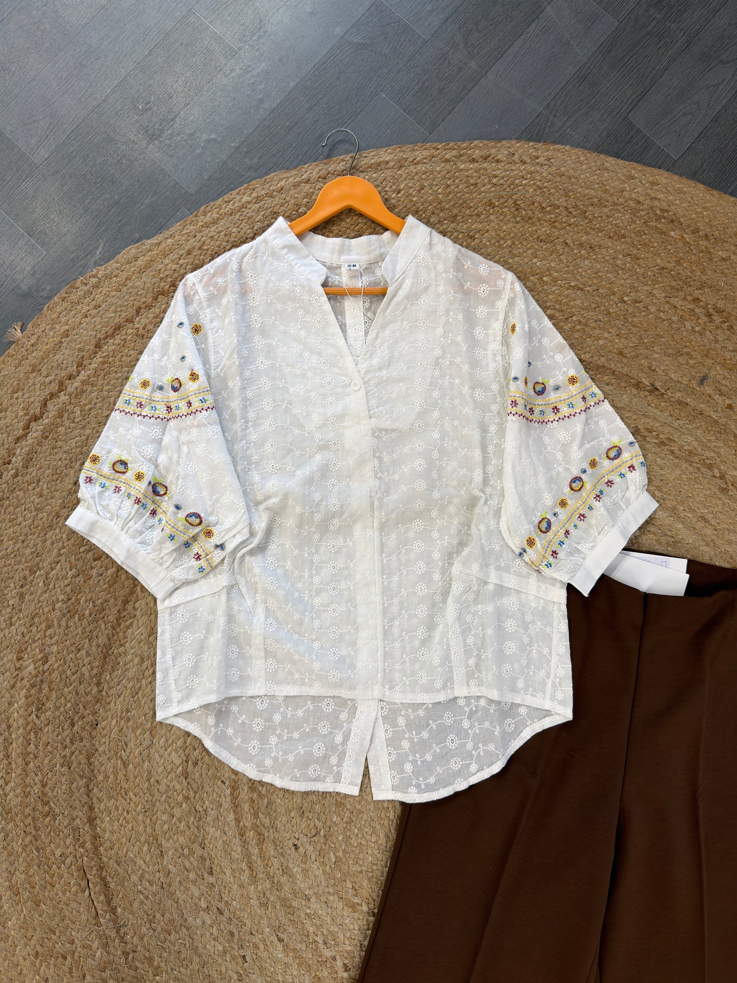 WHITE EMBROIDERY TOP WITH BELL BOTTOM PANT SET