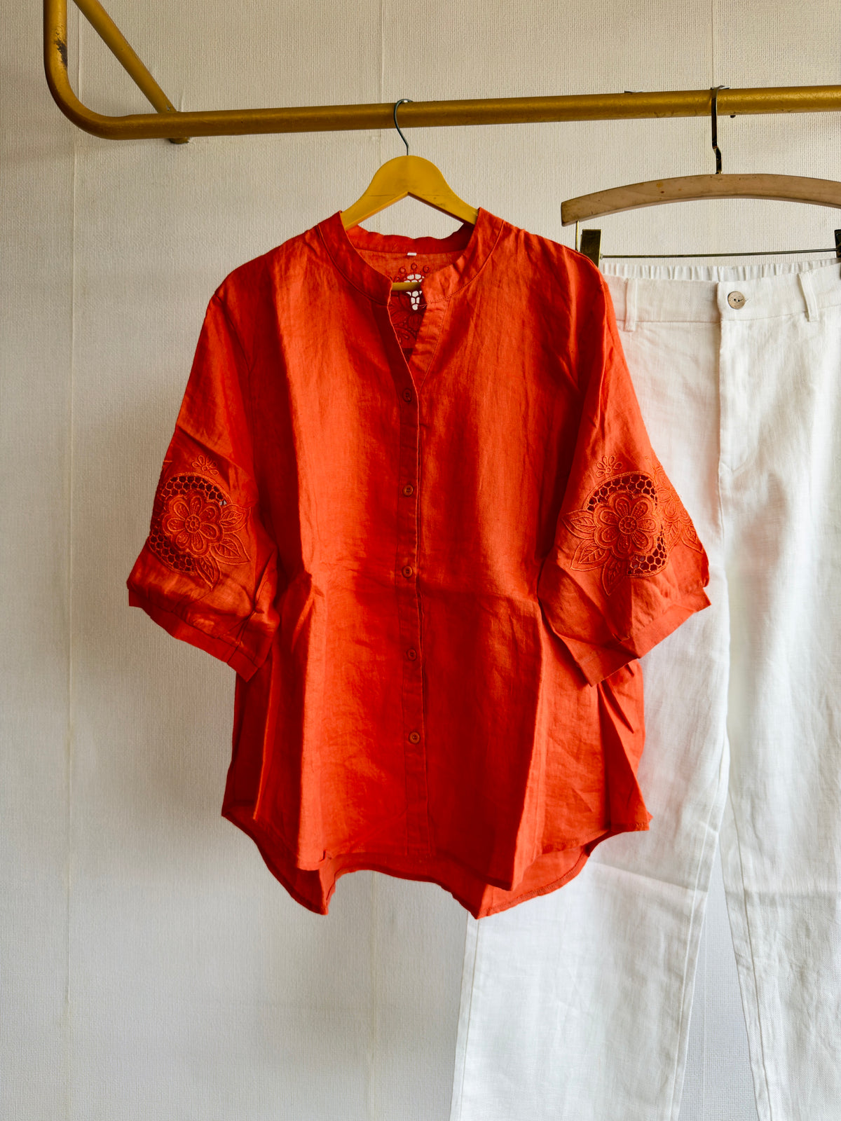 LINEN CUTWORK EMBROIDERY TOP WITH LINEN STRAIGHT PANT SET
