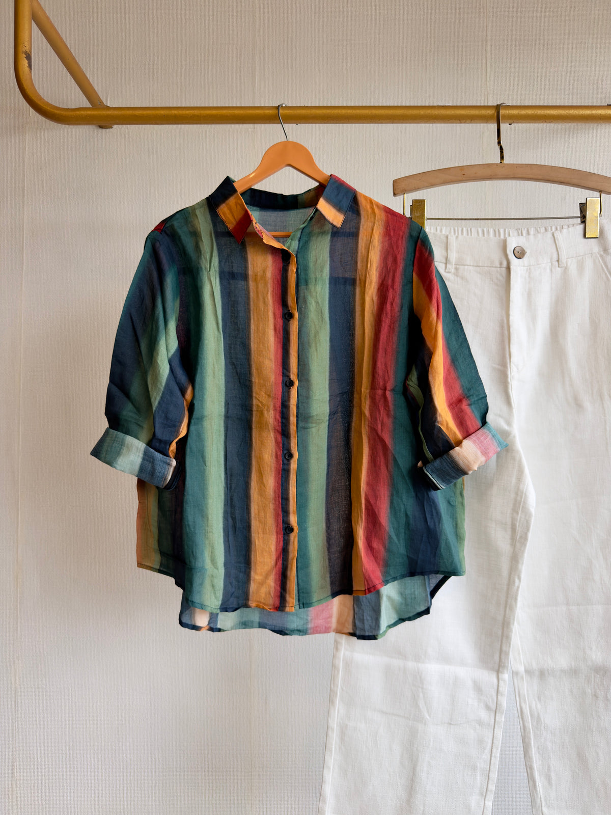STRIPS LINEN PRINT SHIRT WITH LINEN STRAIGHT PANT SET