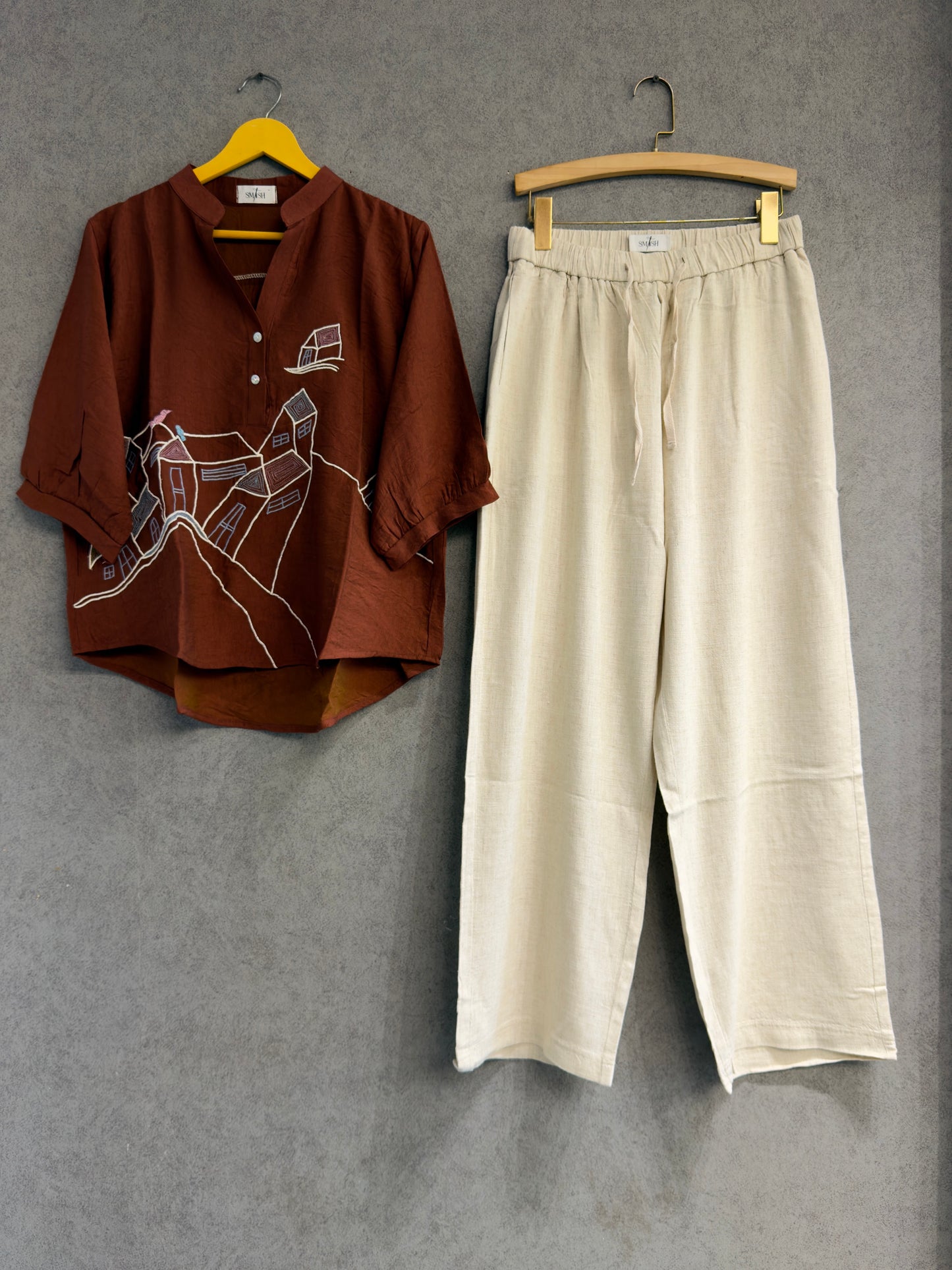 RUST EMBROIDERY CASUAL TOP WITH LINEN PANT SET