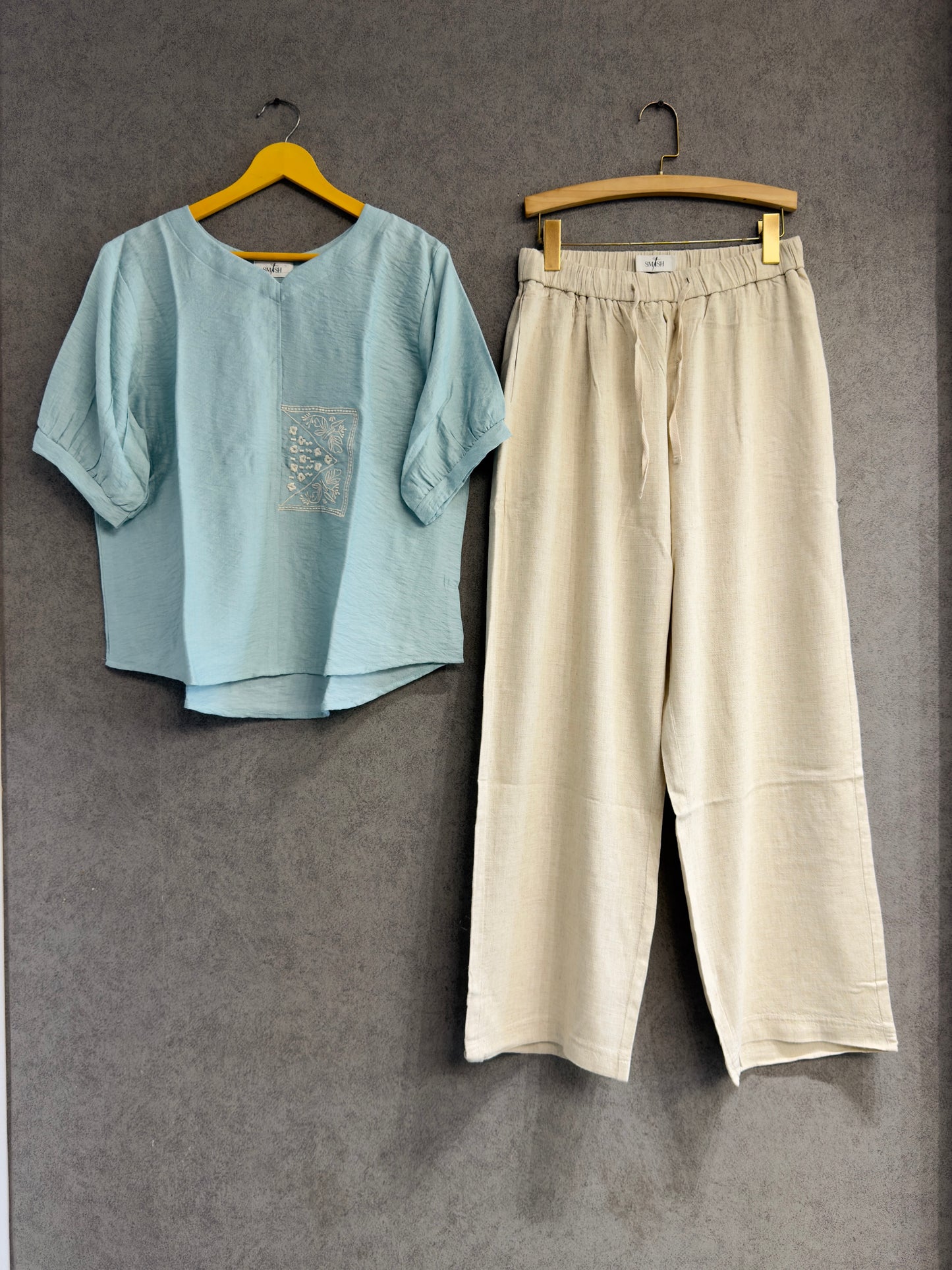 SKY BLUE EMBROIDERY CASUAL TOP WITH LINEN PANT SET
