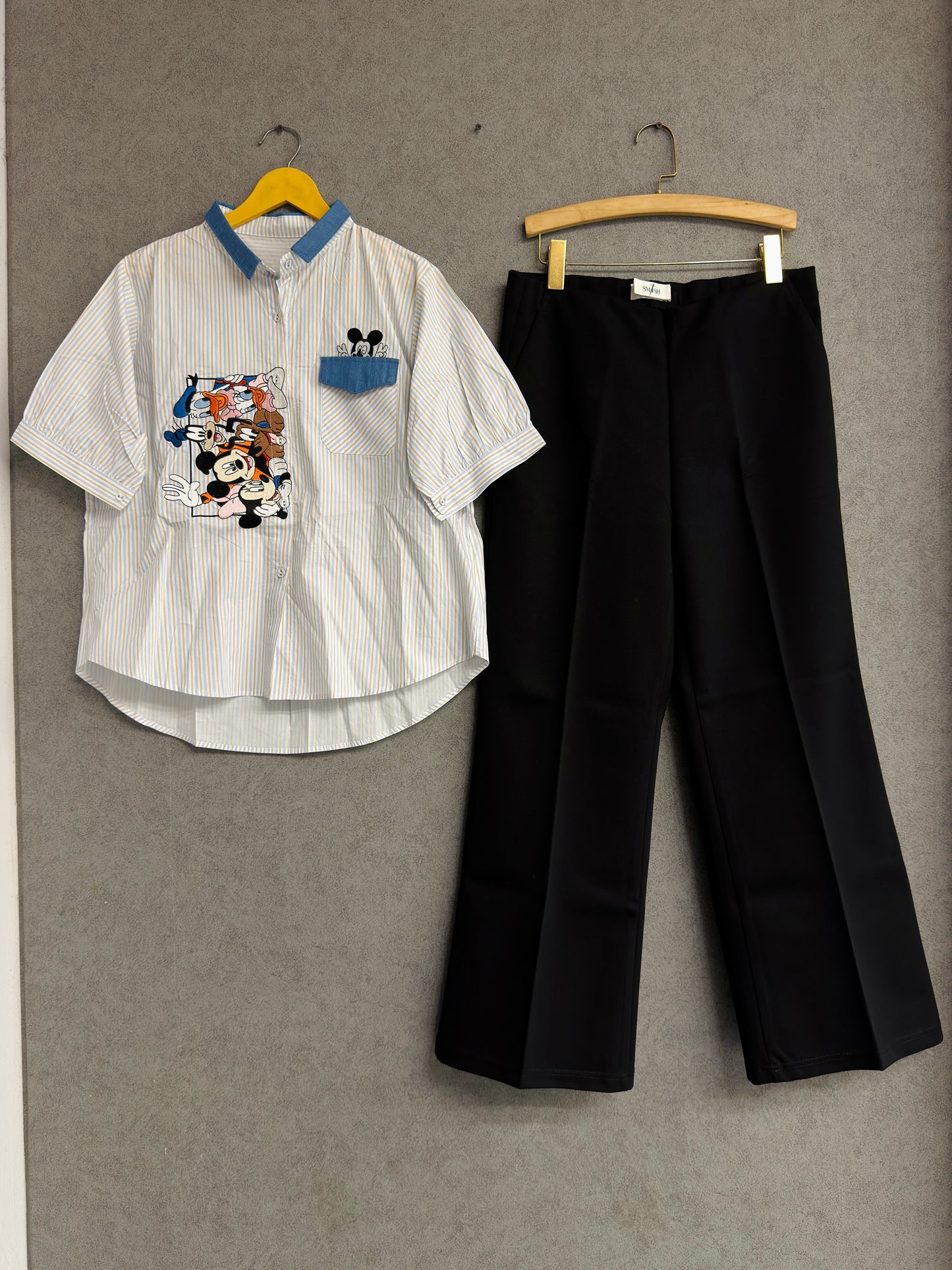 STRIPS MICKEYMOUSE EMBROIDERY SHIRT WITH BELL BOTTOM PANT SET