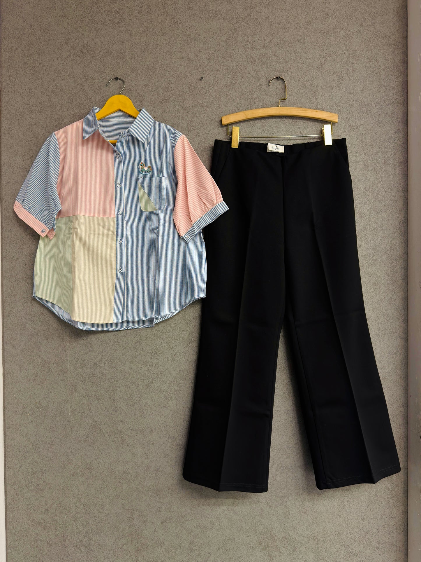 RAINBOW STRIPS FLOWER EMBROIDERY COTTON SHIRT WITH BELL BOTTOM PANT SET
