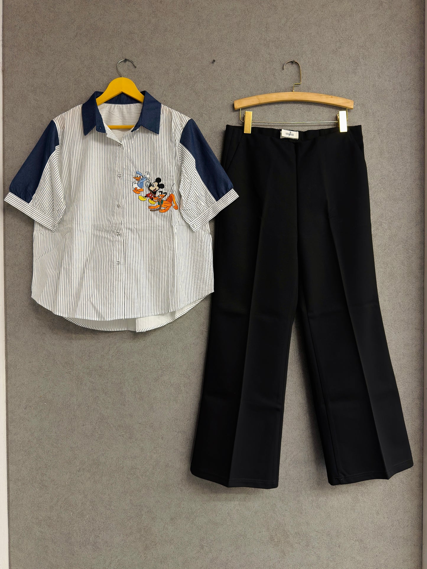 STRIPS MICKEYMOUSE EMBROIDERY SHIRT WITH BELL BOTTOM PANT SET