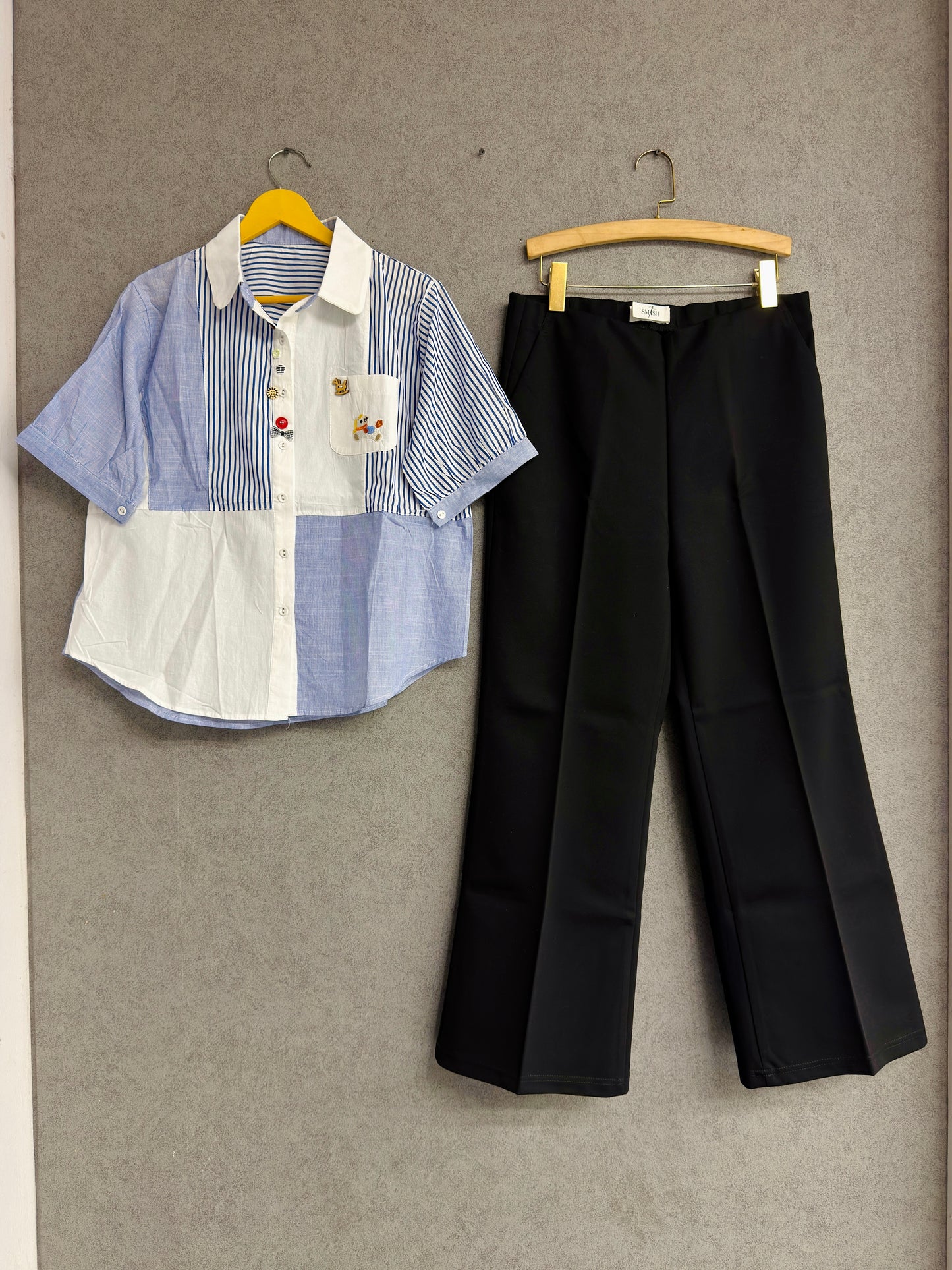 BLUE STRIPS STRIPS EMBROIDERY COTTON SHIRT WITH BELL BOTTOM PANT SET