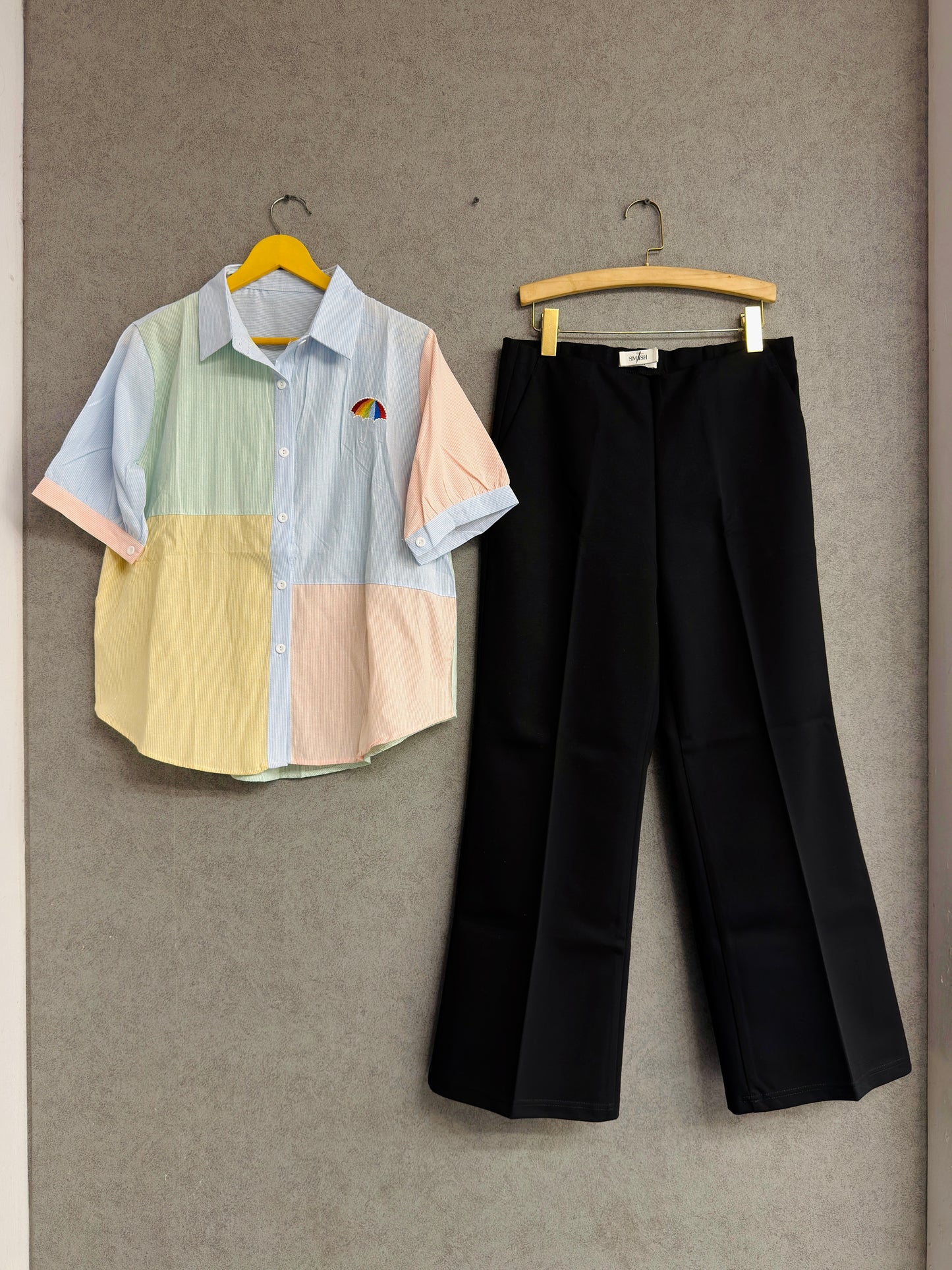 RAINBOW STRIPS UMBRELLA EMBROIDERY COTTON SHIRT WITH BELL BOTTOM PANT SET