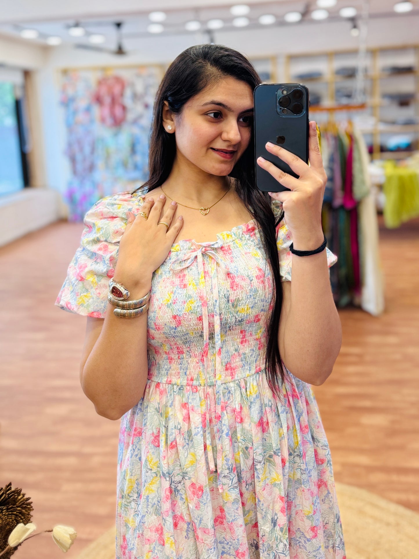 PRINTED LONG BACK SMOCKING WESTERN DRESS