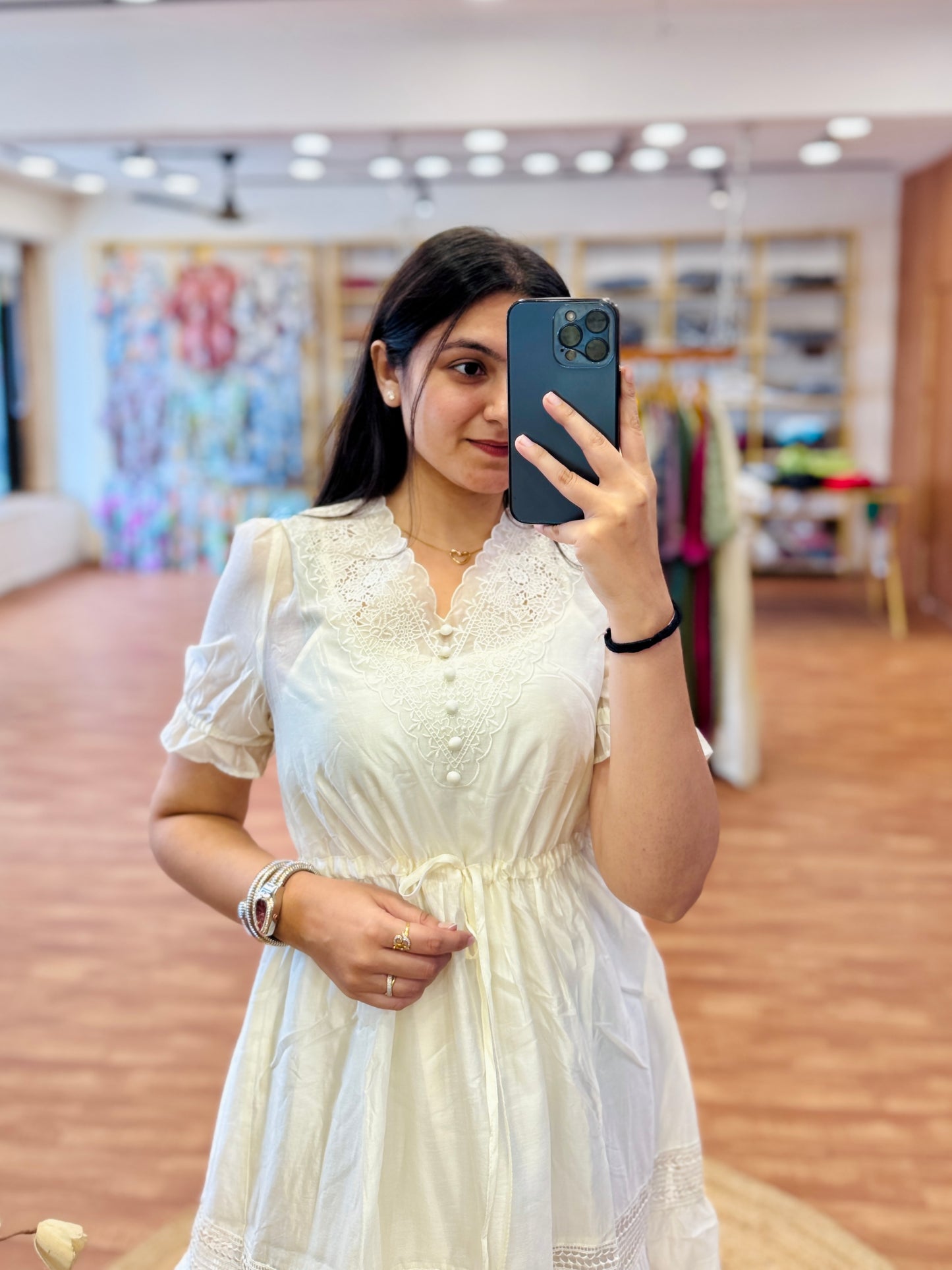 OFF WHITE NECK EMBROIDERY KNEE LENGTH WESTERN DRESS