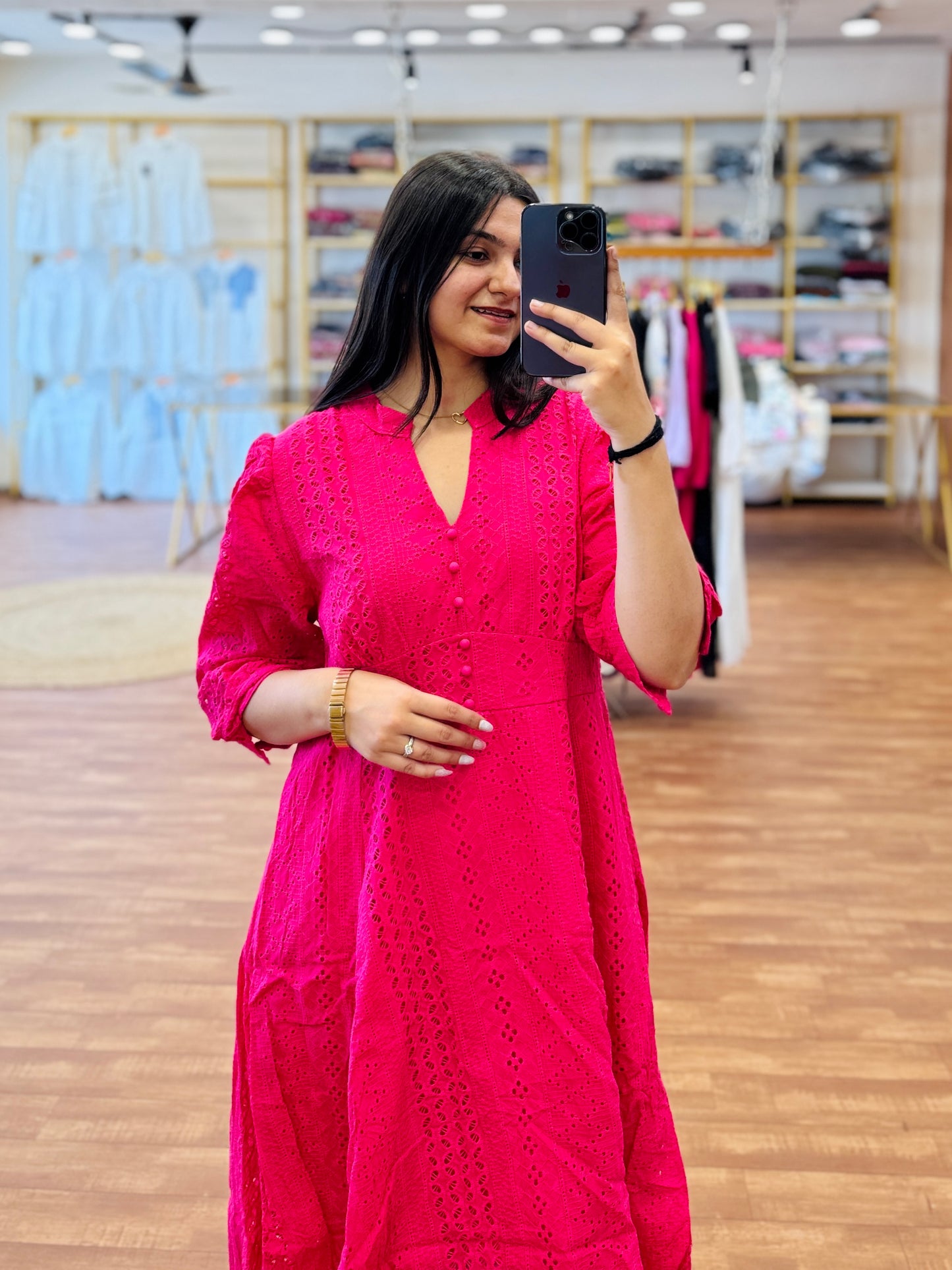HOT PINK CHICKEN EMBROIDERY COTTON DRESS