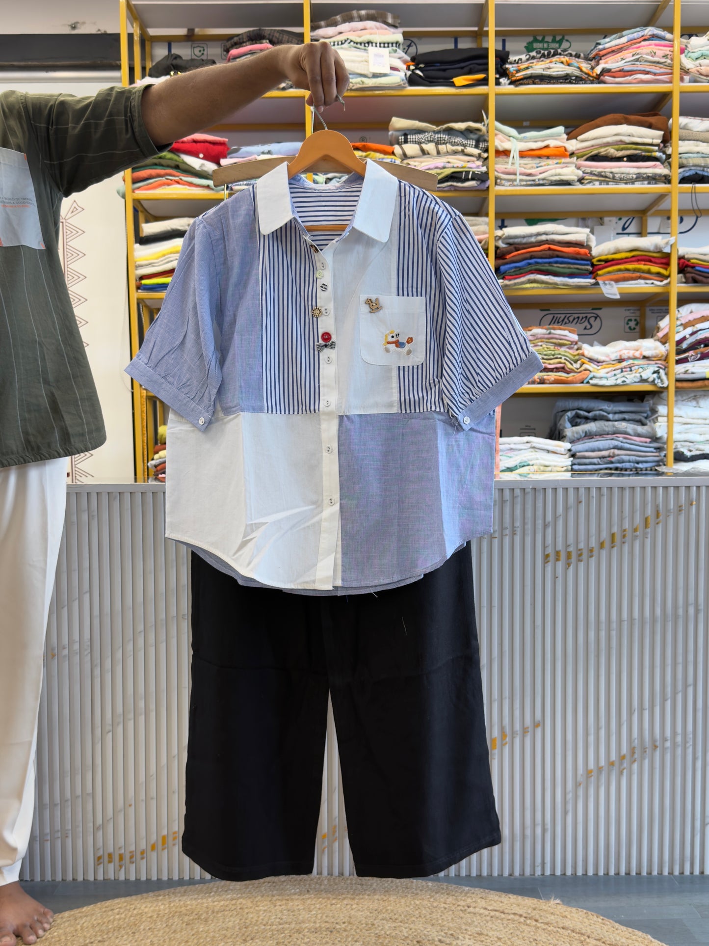 STRIPS EMBROIDERY COTTON SHIRT  WITH LINEN PANT SET