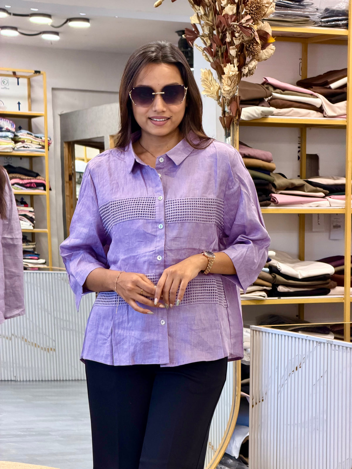 PURPLE LACE LINEN SHIRT  WITH BELL BOTTOM PANT SET