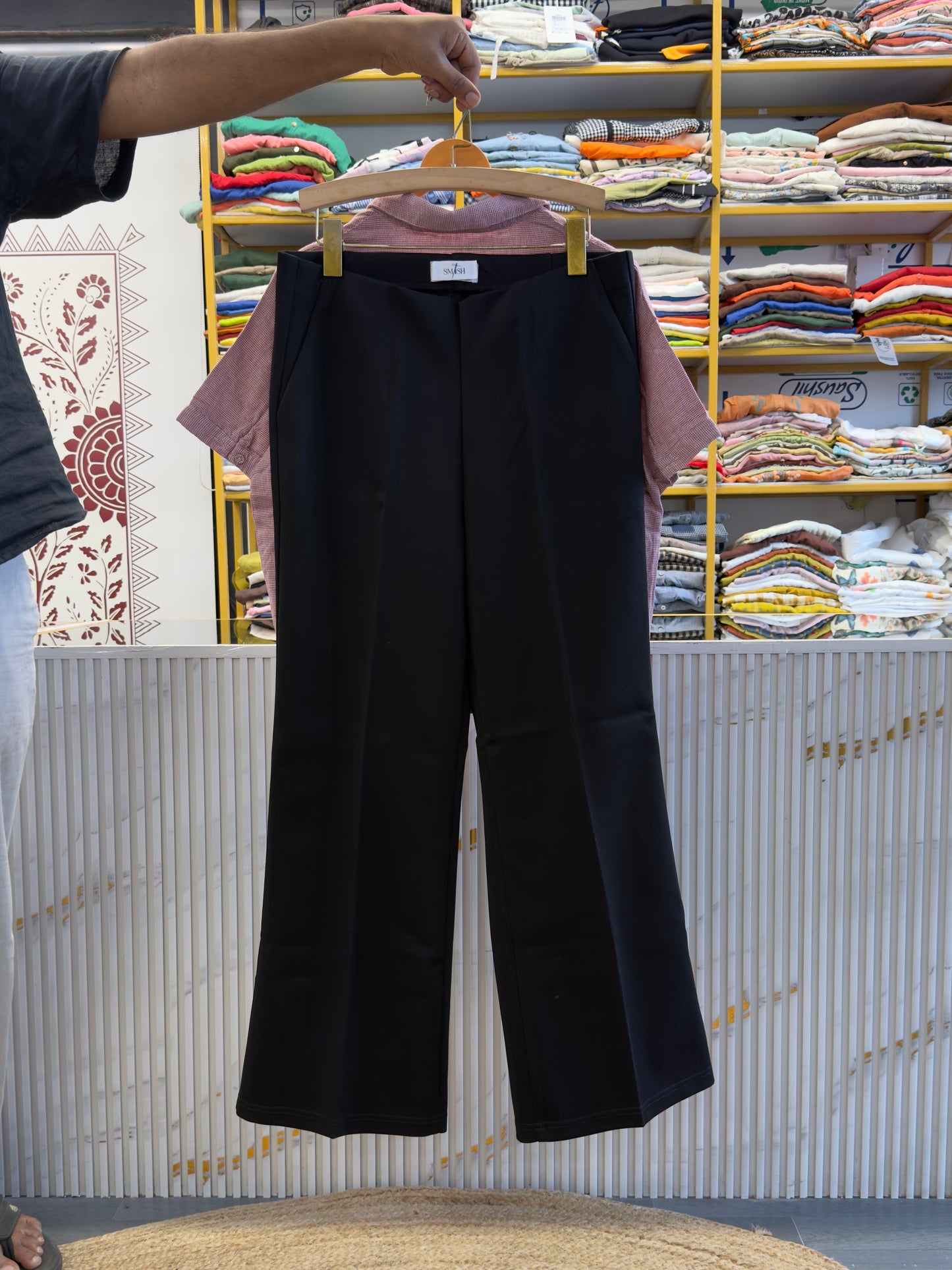 PINK SMALL CHEX EMBROIDERY TOP WITH BELL BOTTOM PANT SET