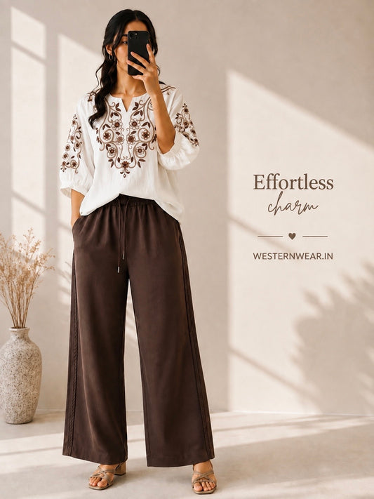 WHITE LINEN EMBROIDERY TOP WITH SIDE STRIPS PANT SET