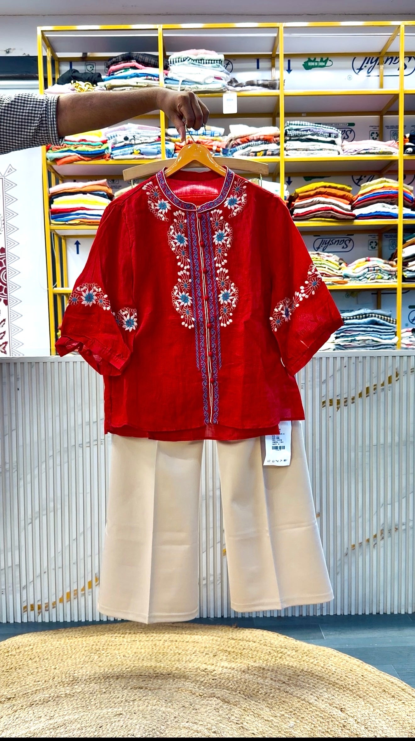 RED PURE LINEN EMBROIDERY TOP   WITH BELL BOTTOM FIT TROUSER PANT SET
